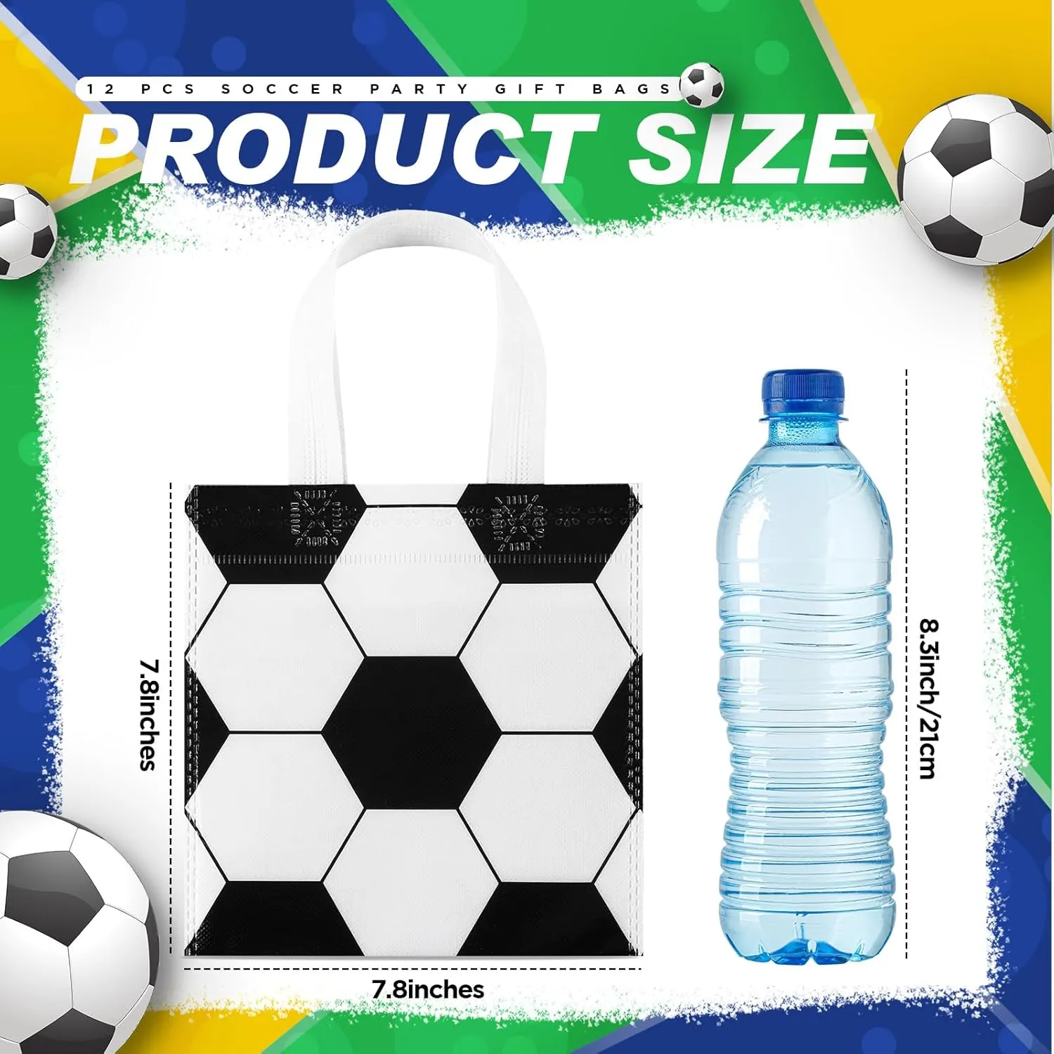 Sweetude 12 Pcs Soccer Party Gift Bags Sports Theme Candy Goodie Bags 7.8 x 7.8 Inch Soccer Non Woven Totes with Handles for Sports Party Favors Birthday Decor Supplies