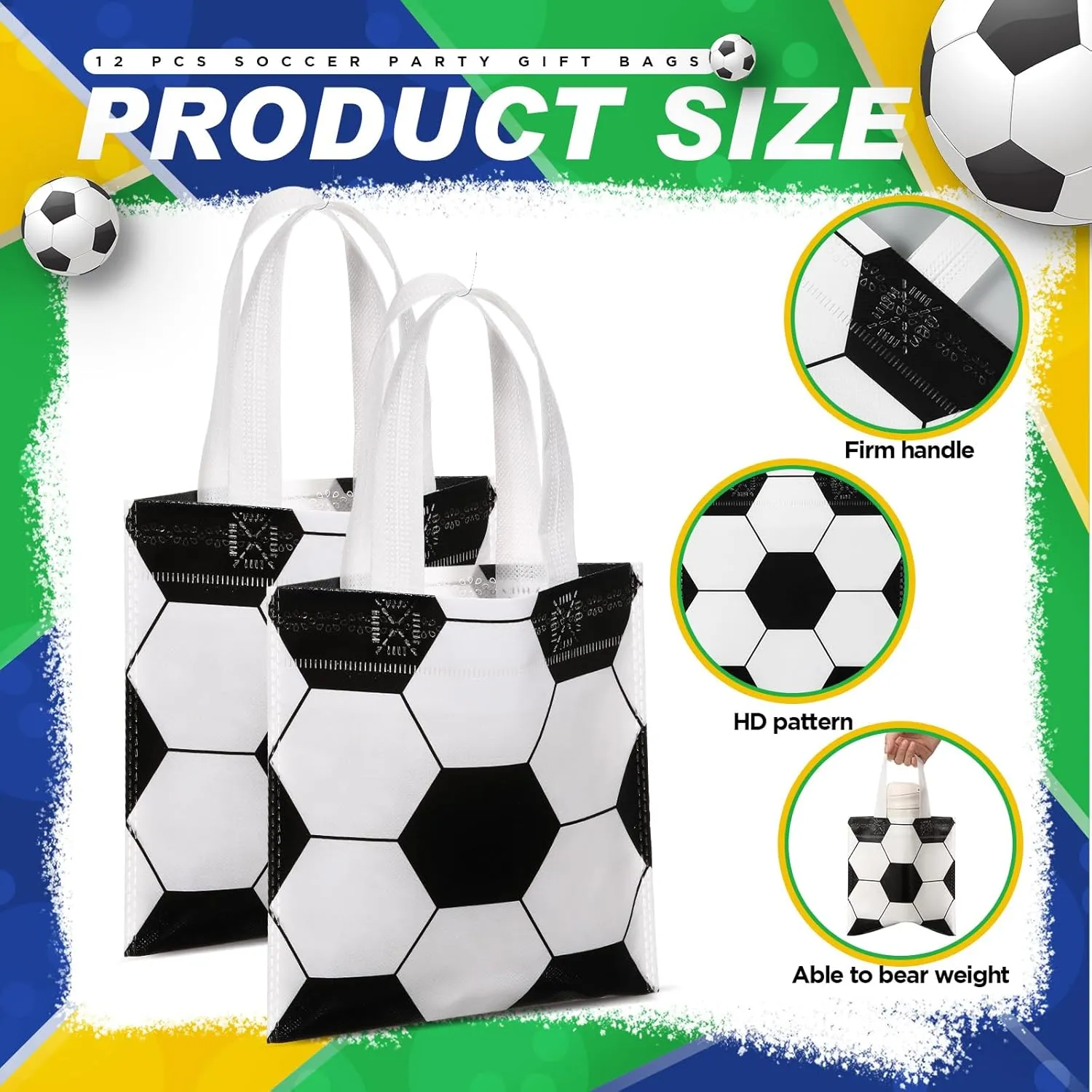 Sweetude 12 Pcs Soccer Party Gift Bags Sports Theme Candy Goodie Bags 7.8 x 7.8 Inch Soccer Non Woven Totes with Handles for Sports Party Favors Birthday Decor Supplies