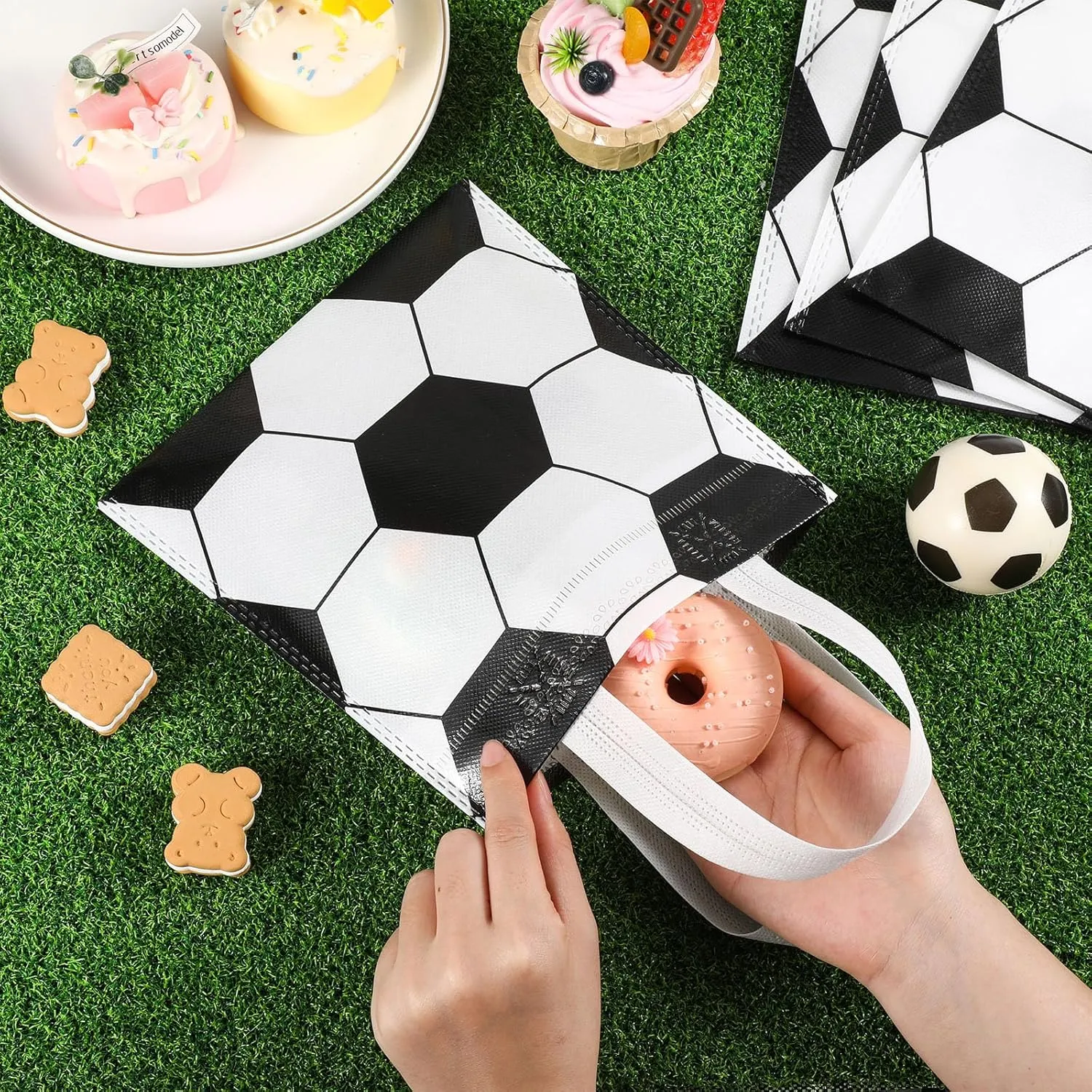 Sweetude 12 Pcs Soccer Party Gift Bags Sports Theme Candy Goodie Bags 7.8 x 7.8 Inch Soccer Non Woven Totes with Handles for Sports Party Favors Birthday Decor Supplies