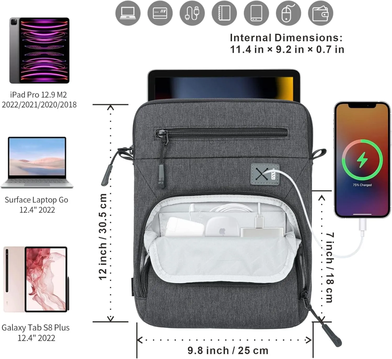 Tablet Shoulder Sleeve Bag Compatible with 12.9-inch New iPad Pro (5th/4th/3rd Gen) 2022-2018 with Magic Keyboard and Smart Keyboard Folio or Slim Folio Pro Case, (12.9 inch, Dark Grey)