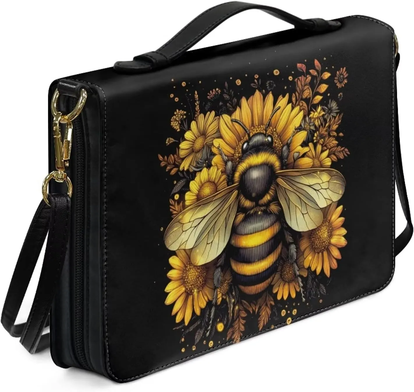Talayituse Bee Sunflower Print PU Leather Bible Cover for Women Men Large Size Bible Case Bible Carrying Case with Handle, Portable Church Bible Bag with Detachable Shoulder Strap, 2XL