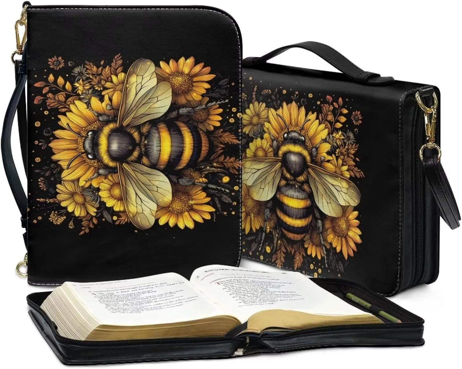 Talayituse Bee Sunflower Print PU Leather Bible Cover for Women Men Large Size Bible Case Bible Carrying Case with Handle, Portable Church Bible Bag with Detachable Shoulder Strap, 2XL