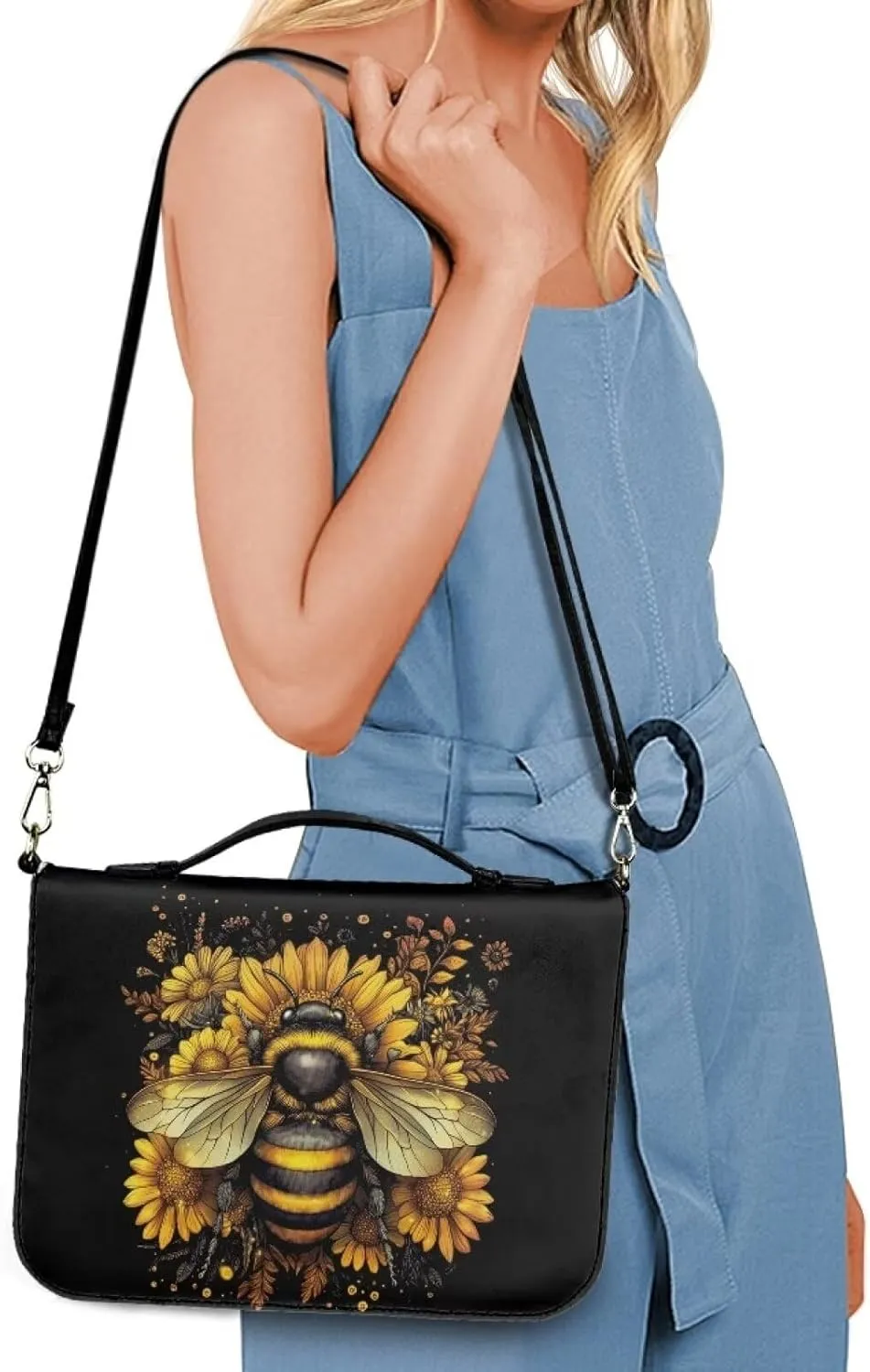 Talayituse Bee Sunflower Print PU Leather Bible Cover for Women Men Large Size Bible Case Bible Carrying Case with Handle, Portable Church Bible Bag with Detachable Shoulder Strap, 2XL