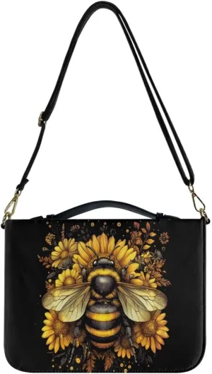 Talayituse Bee Sunflower Print PU Leather Bible Cover for Women Men Large Size Bible Case Bible Carrying Case with Handle, Portable Church Bible Bag with Detachable Shoulder Strap, 2XL