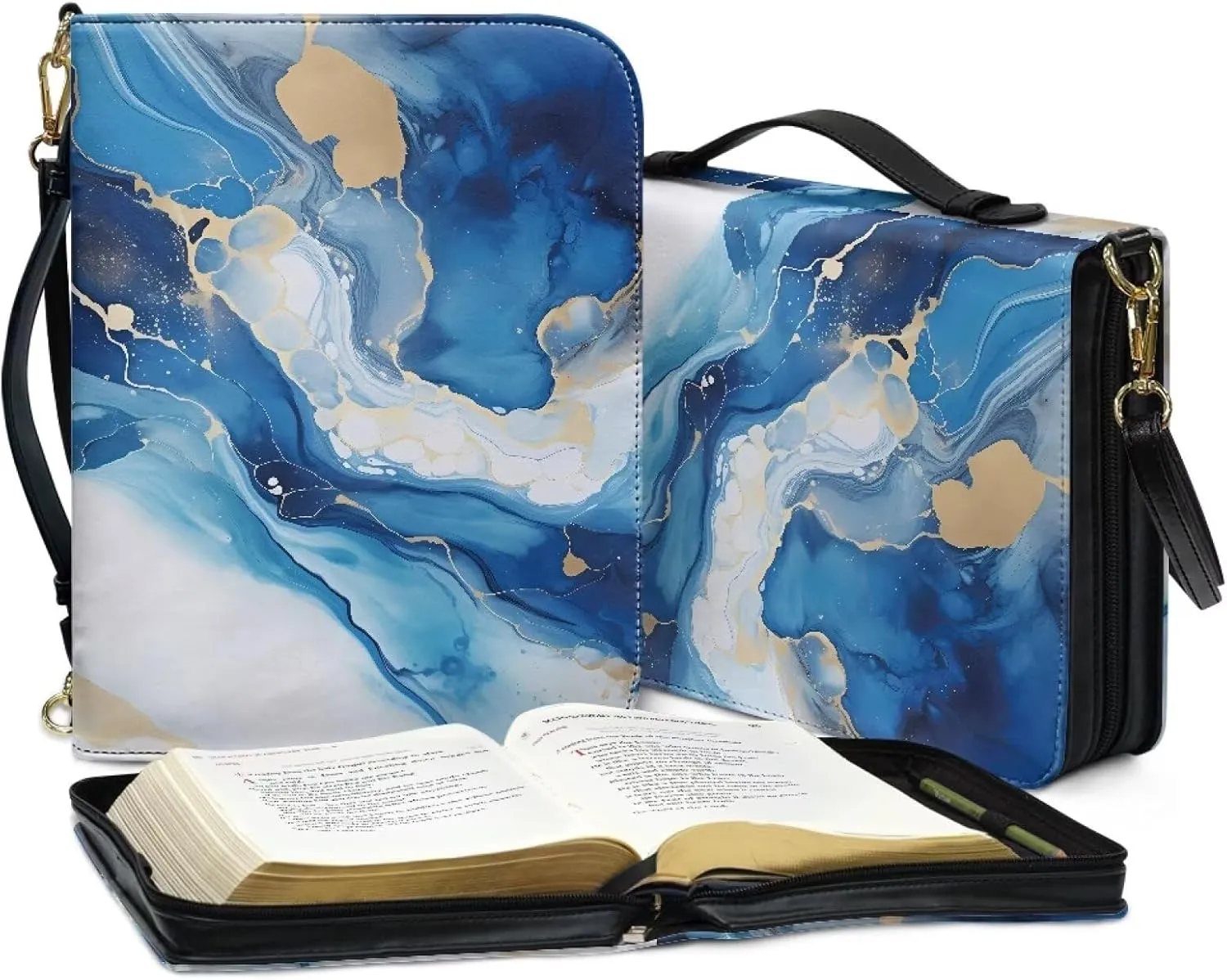Talayituse Blue Marble Print Bible Cover for Women Men PU Leather Bible Case Large Bible Bag with Handle, Multifunctional Zipper Bible Book Cover Carrying Case with Shoulder Strap, 2XL