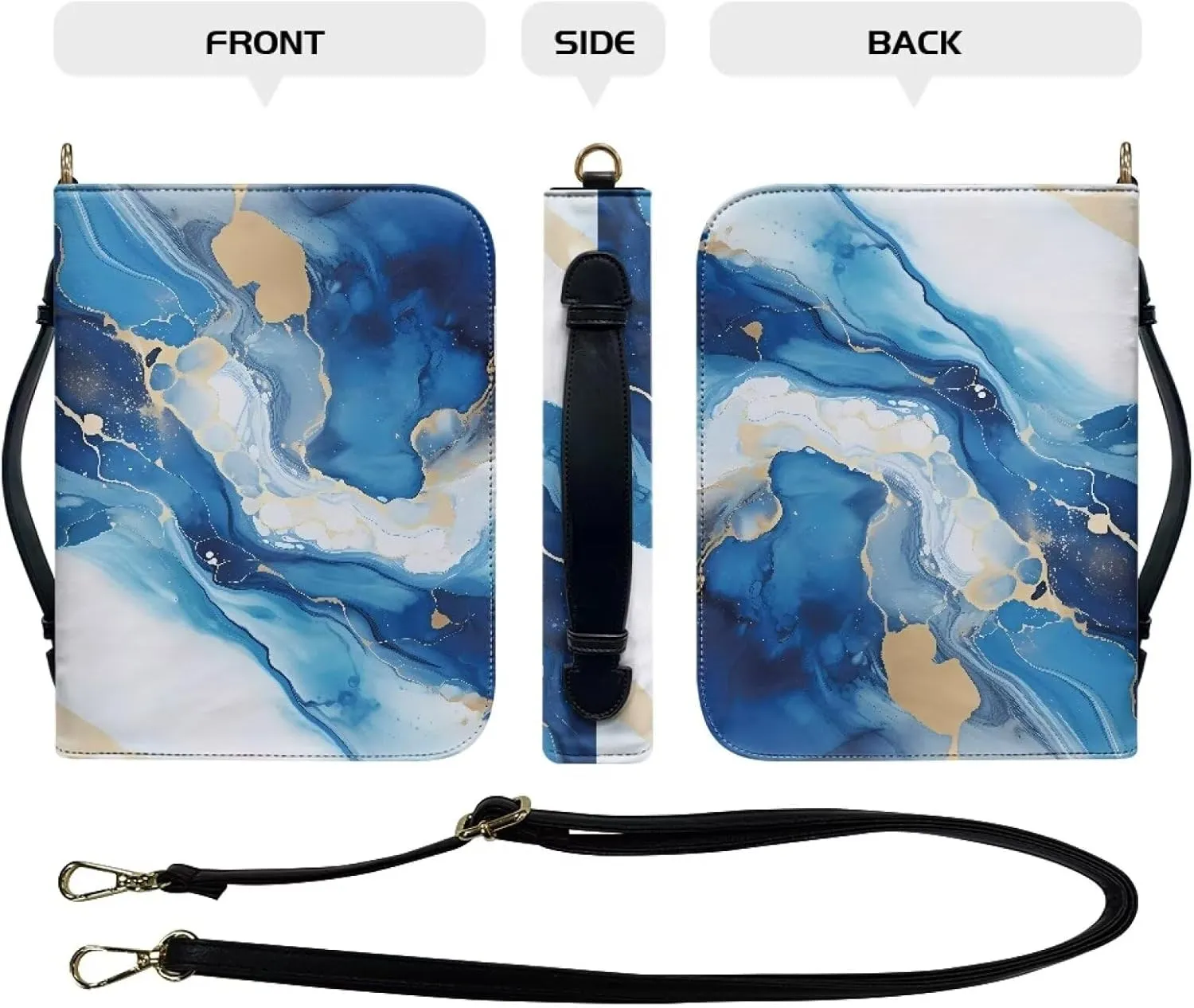 Talayituse Blue Marble Print Bible Cover for Women Men PU Leather Bible Case Large Bible Bag with Handle, Multifunctional Zipper Bible Book Cover Carrying Case with Shoulder Strap, 2XL