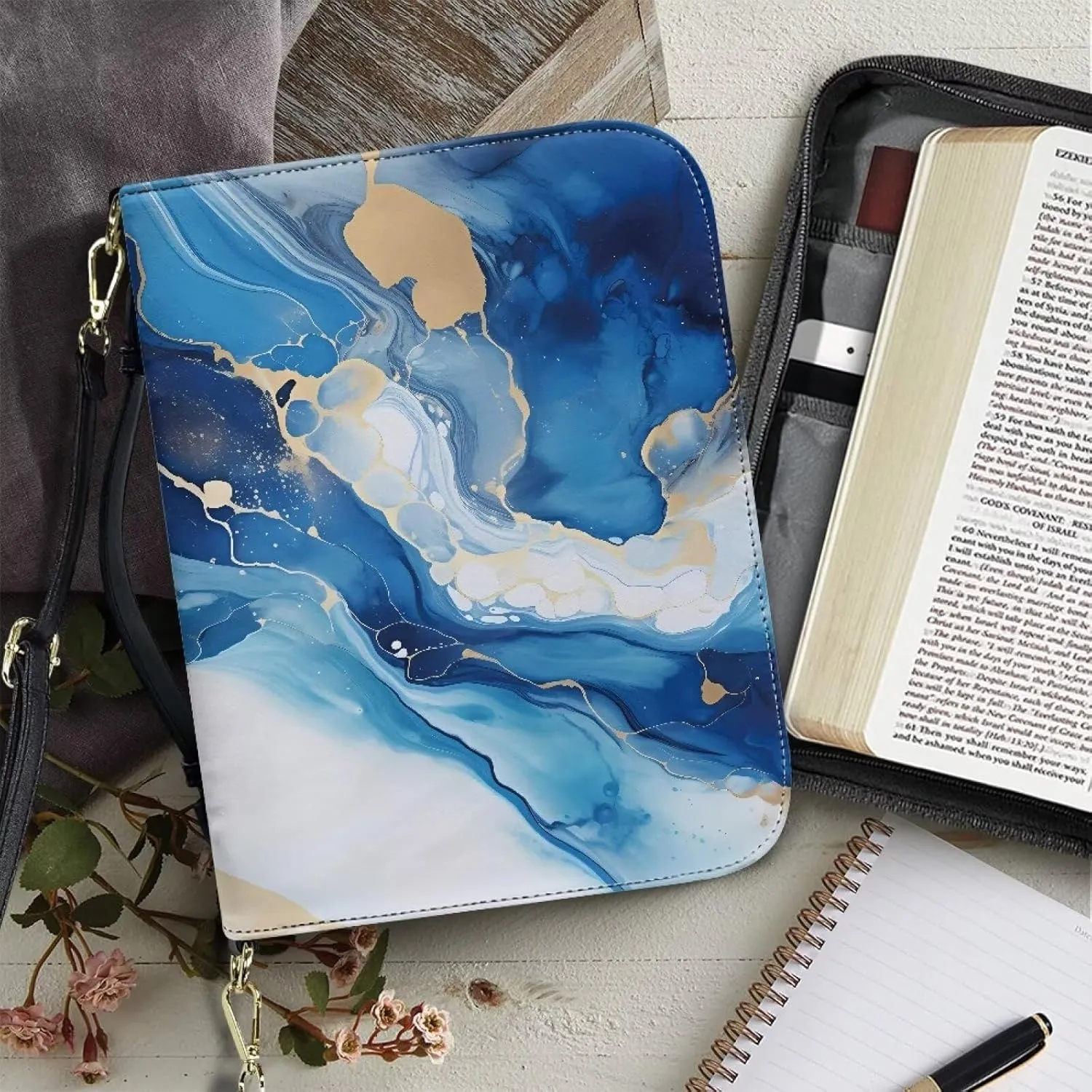 Talayituse Blue Marble Print Bible Cover for Women Men PU Leather Bible Case Large Bible Bag with Handle, Multifunctional Zipper Bible Book Cover Carrying Case with Shoulder Strap, 2XL