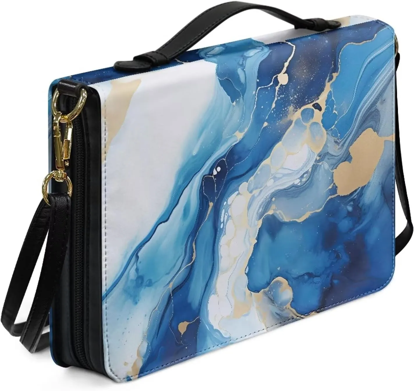 Talayituse Blue Marble Print Bible Cover for Women Men PU Leather Bible Case Large Bible Bag with Handle, Multifunctional Zipper Bible Book Cover Carrying Case with Shoulder Strap, 2XL