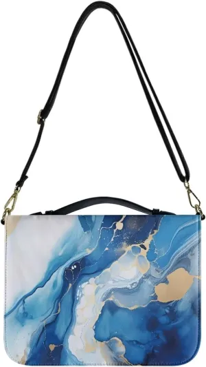 Talayituse Blue Marble Print Bible Cover for Women Men PU Leather Bible Case Large Bible Bag with Handle, Multifunctional Zipper Bible Book Cover Carrying Case with Shoulder Strap, 2XL