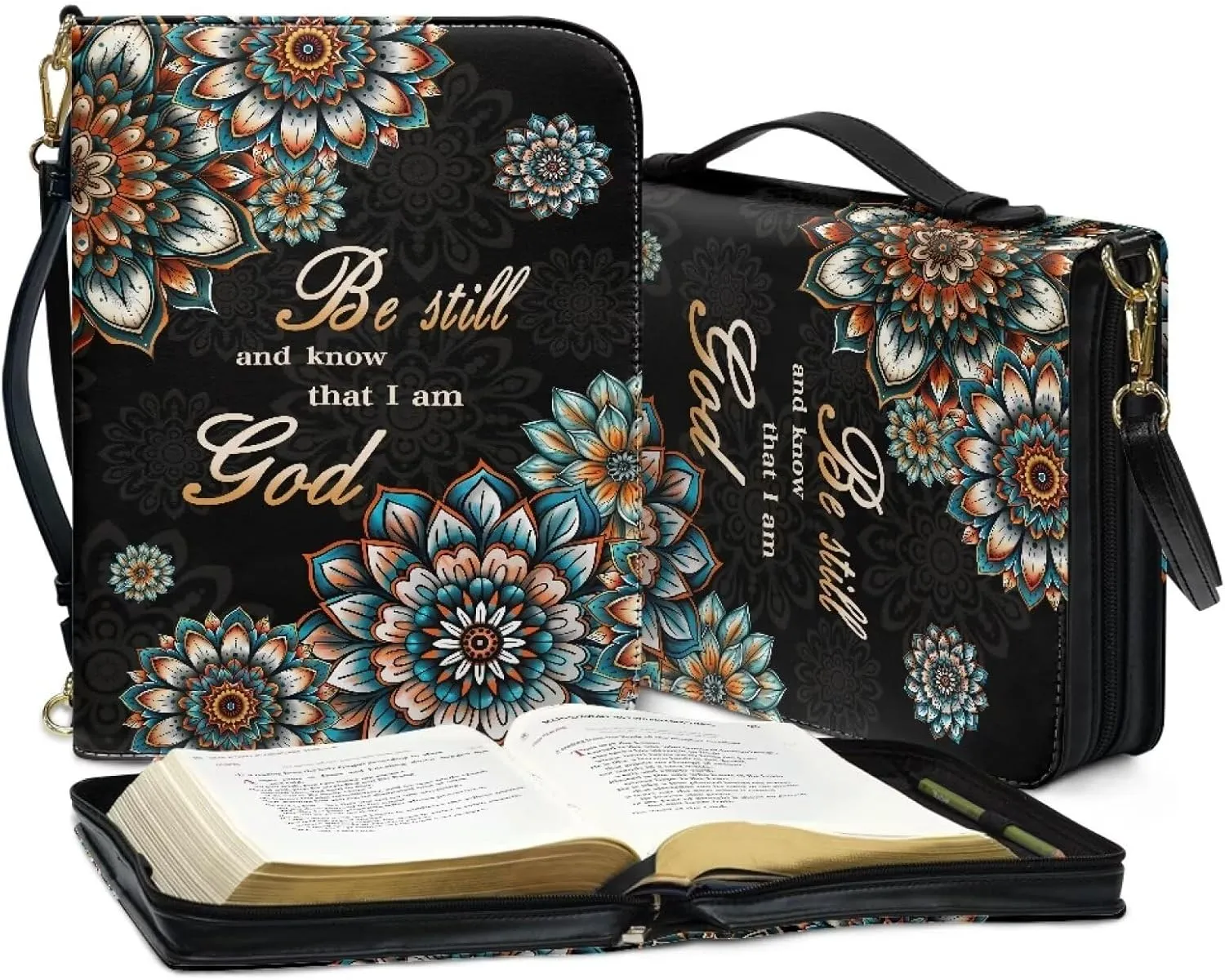 Talayituse Boho Mandala Pattern Leather Bible Cover for Women Men, Be Still and Know That I am God Bible Case Multifunctional Bible Bag Bible Carrying Case Bible Carrier with Shoulder Strap, L