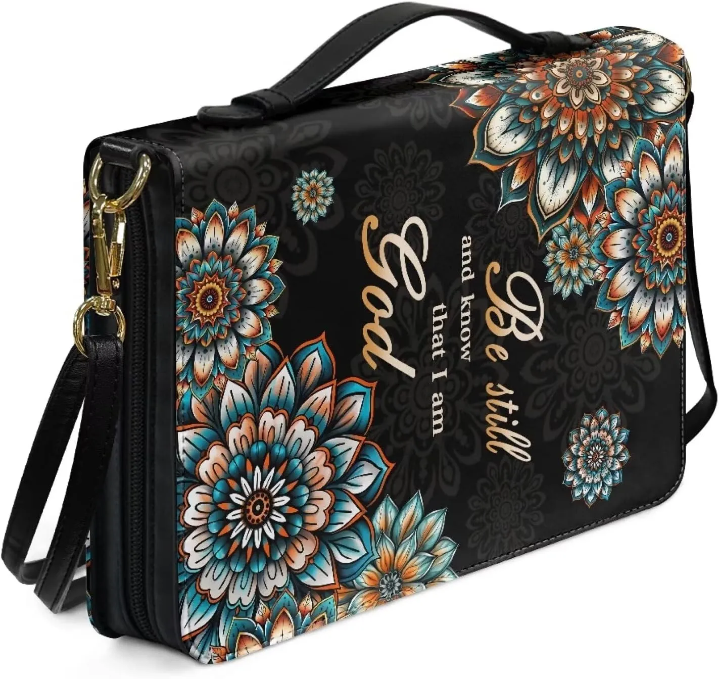 Talayituse Boho Mandala Pattern Leather Bible Cover for Women Men, Be Still and Know That I am God Bible Case Multifunctional Bible Bag Bible Carrying Case Bible Carrier with Shoulder Strap, L