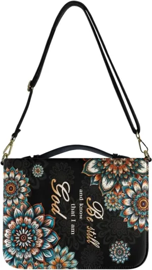 Talayituse Boho Mandala Pattern Leather Bible Cover for Women Men, Be Still and Know That I am God Bible Case Multifunctional Bible Bag Bible Carrying Case Bible Carrier with Shoulder Strap, L