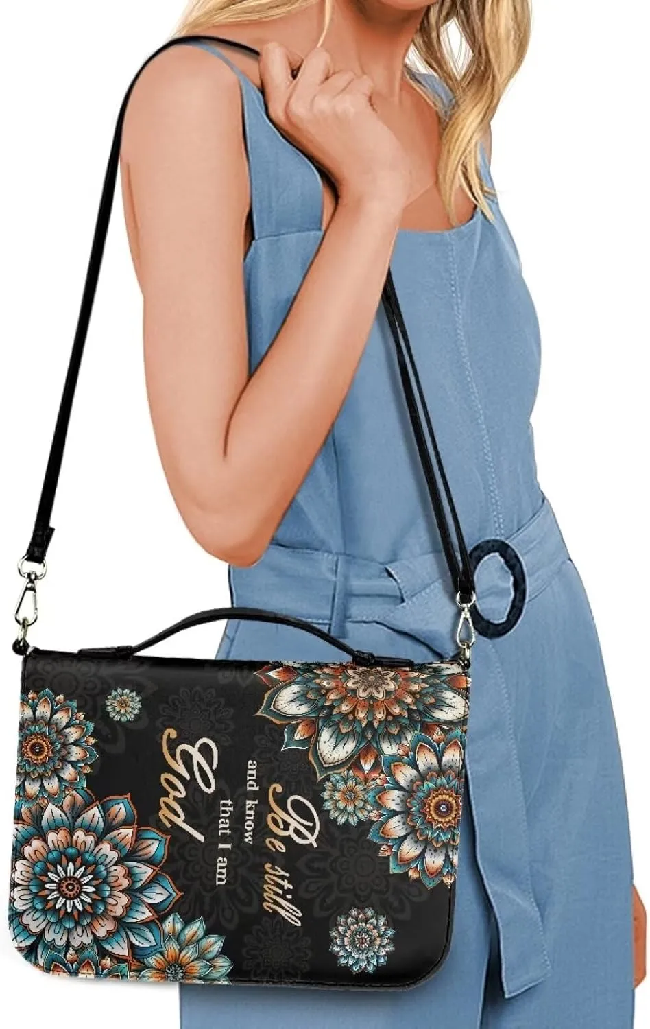 Talayituse Boho Mandala Pattern Leather Bible Cover for Women Men, Be Still and Know That I am God Bible Case Multifunctional Bible Bag Bible Carrying Case Bible Carrier with Shoulder Strap, L