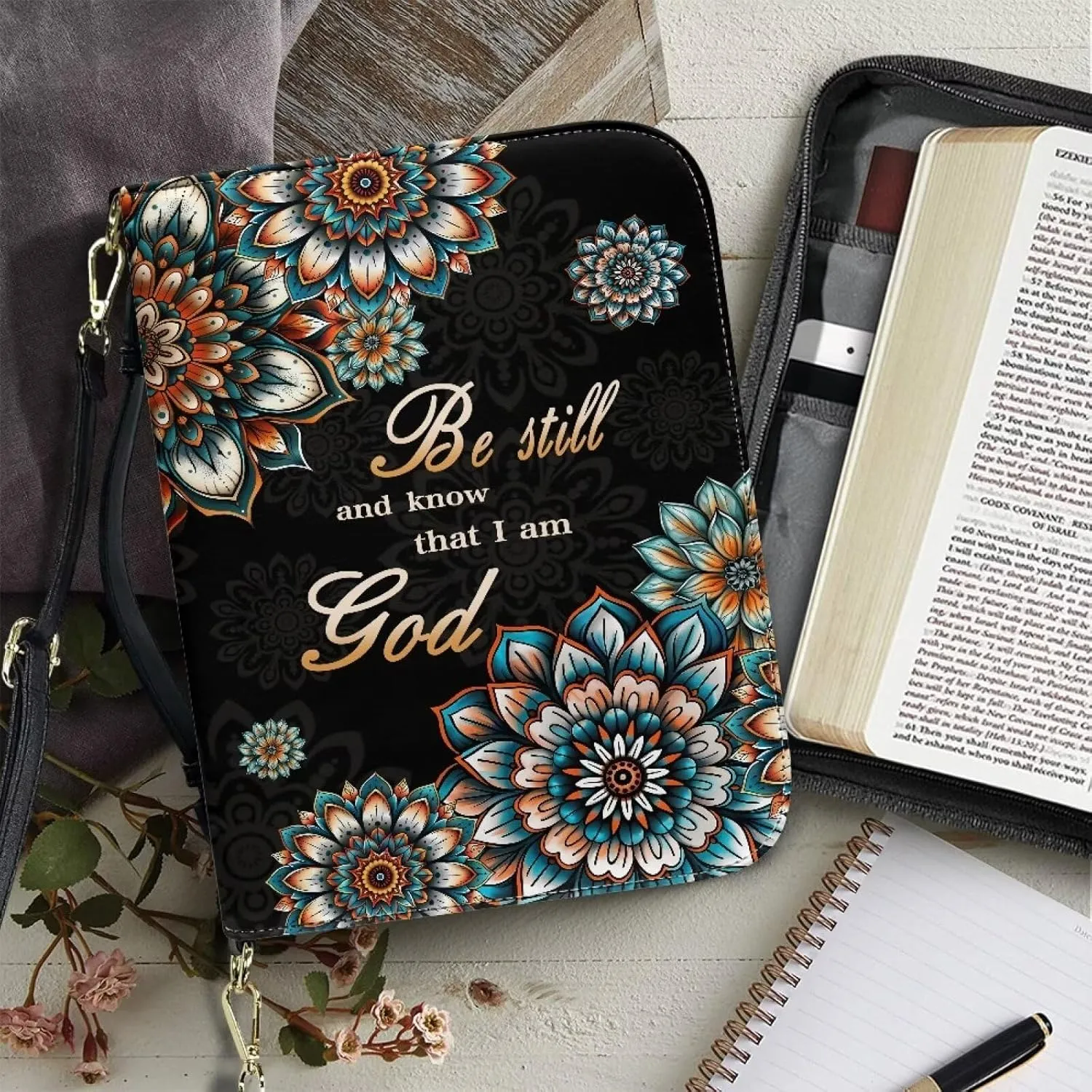 Talayituse Boho Mandala Pattern Leather Bible Cover for Women Men, Be Still and Know That I am God Bible Case Multifunctional Bible Bag Bible Carrying Case Bible Carrier with Shoulder Strap, L