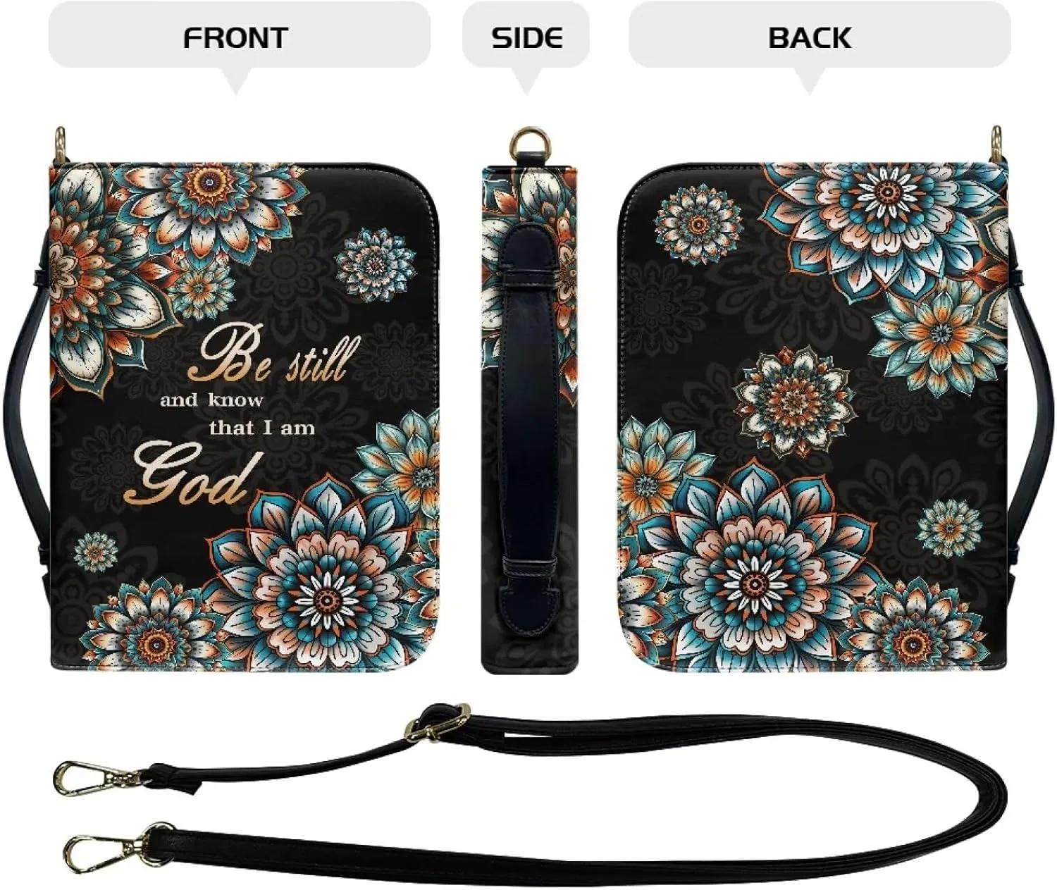 Talayituse Boho Mandala Pattern Leather Bible Cover for Women Men, Be Still and Know That I am God Bible Case Multifunctional Bible Bag Bible Carrying Case Bible Carrier with Shoulder Strap, L