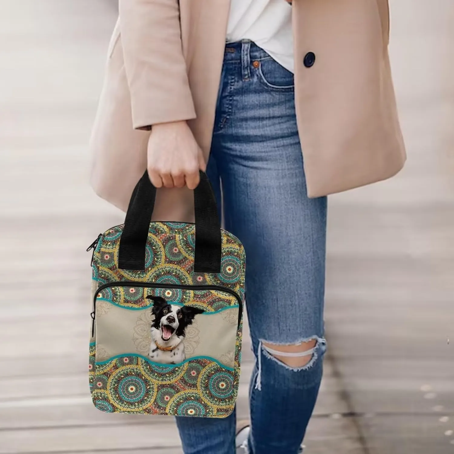 Talayituse Boho Mandala Print Bible Covers for Women Girl Border Collie Design Bible Case Carrying Tote Bag Scripture Handbag Church Bag Bible Protector with Top Handle and Front Zipper Pocket