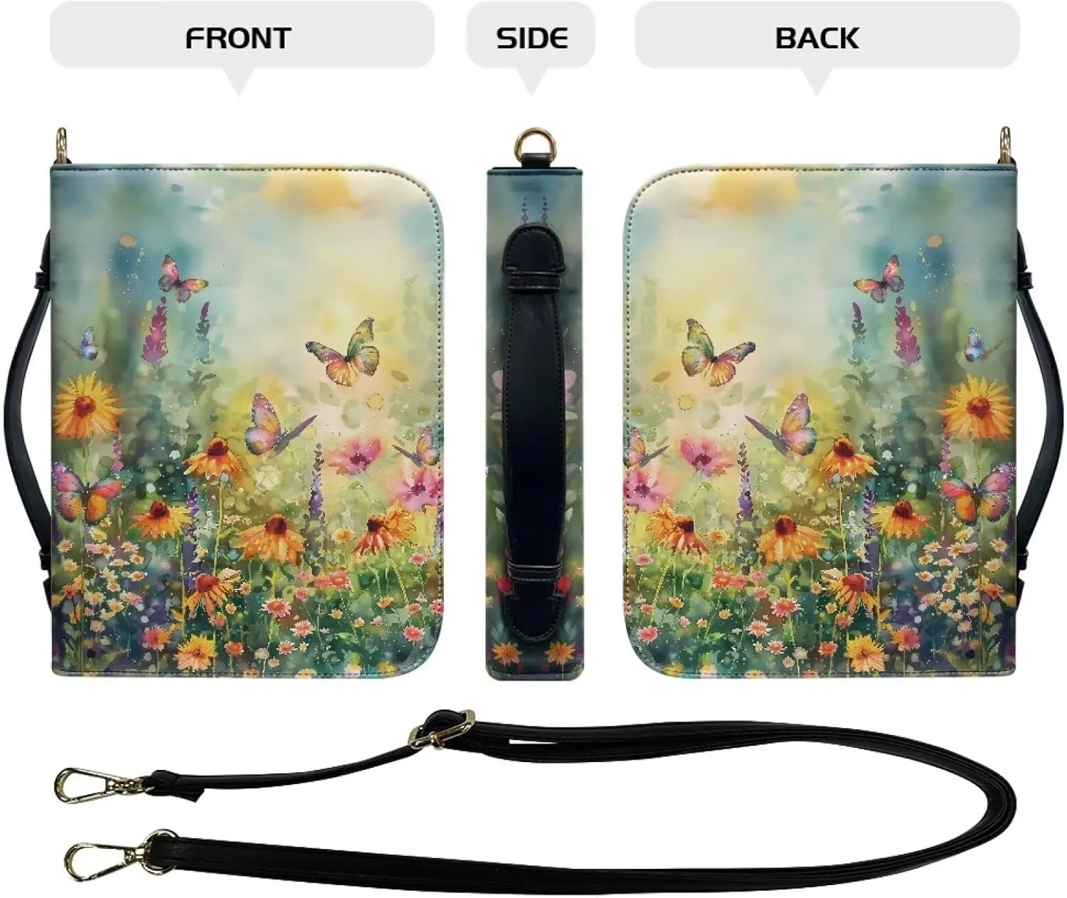 Talayituse Butterfly Daisy Flower Pattern Bible Cover for Men Women PU Leather Carrying Book Case Bible Bag Large Size Bible Case Church Bag Bible Protective with Handle and Shoulder Strap, L