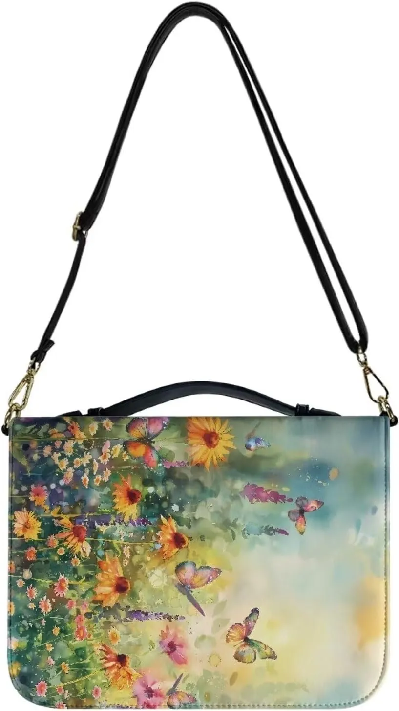 Talayituse Butterfly Daisy Flower Pattern Bible Cover for Men Women PU Leather Carrying Book Case Bible Bag Large Size Bible Case Church Bag Bible Protective with Handle and Shoulder Strap, L