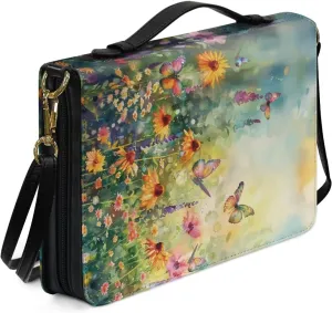 Talayituse Butterfly Daisy Flower Pattern Bible Cover for Men Women PU Leather Carrying Book Case Bible Bag Large Size Bible Case Church Bag Bible Protective with Handle and Shoulder Strap, L
