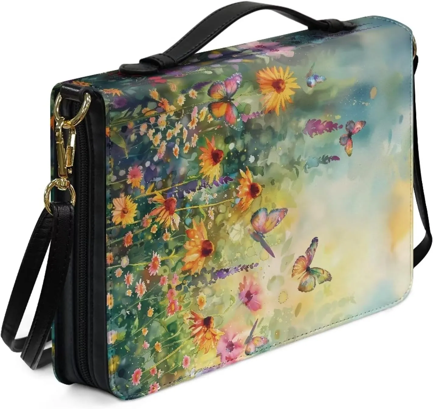 Talayituse Butterfly Daisy Flower Pattern Bible Cover for Men Women PU Leather Carrying Book Case Bible Bag Large Size Bible Case Church Bag Bible Protective with Handle and Shoulder Strap, L