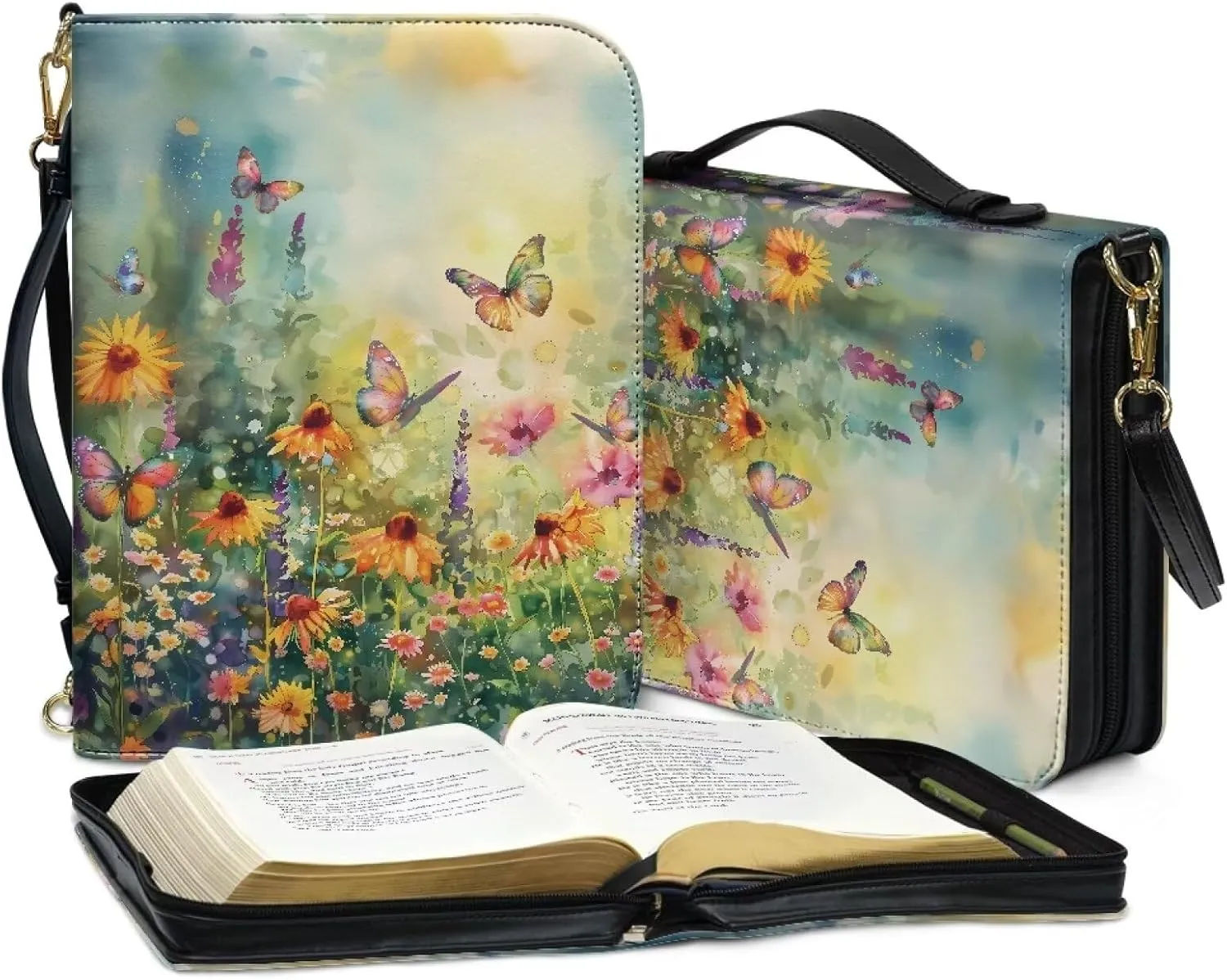 Talayituse Butterfly Daisy Flower Pattern Bible Cover for Men Women PU Leather Carrying Book Case Bible Bag Large Size Bible Case Church Bag Bible Protective with Handle and Shoulder Strap, L
