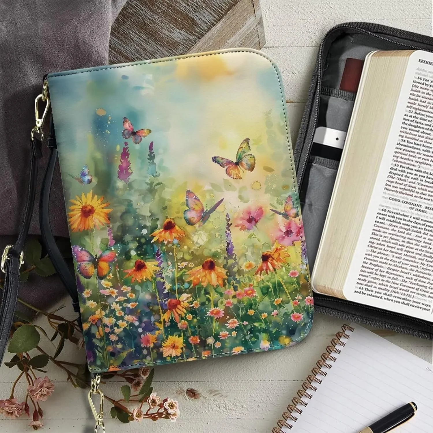 Talayituse Butterfly Daisy Flower Pattern Bible Cover for Men Women PU Leather Carrying Book Case Bible Bag Large Size Bible Case Church Bag Bible Protective with Handle and Shoulder Strap, L