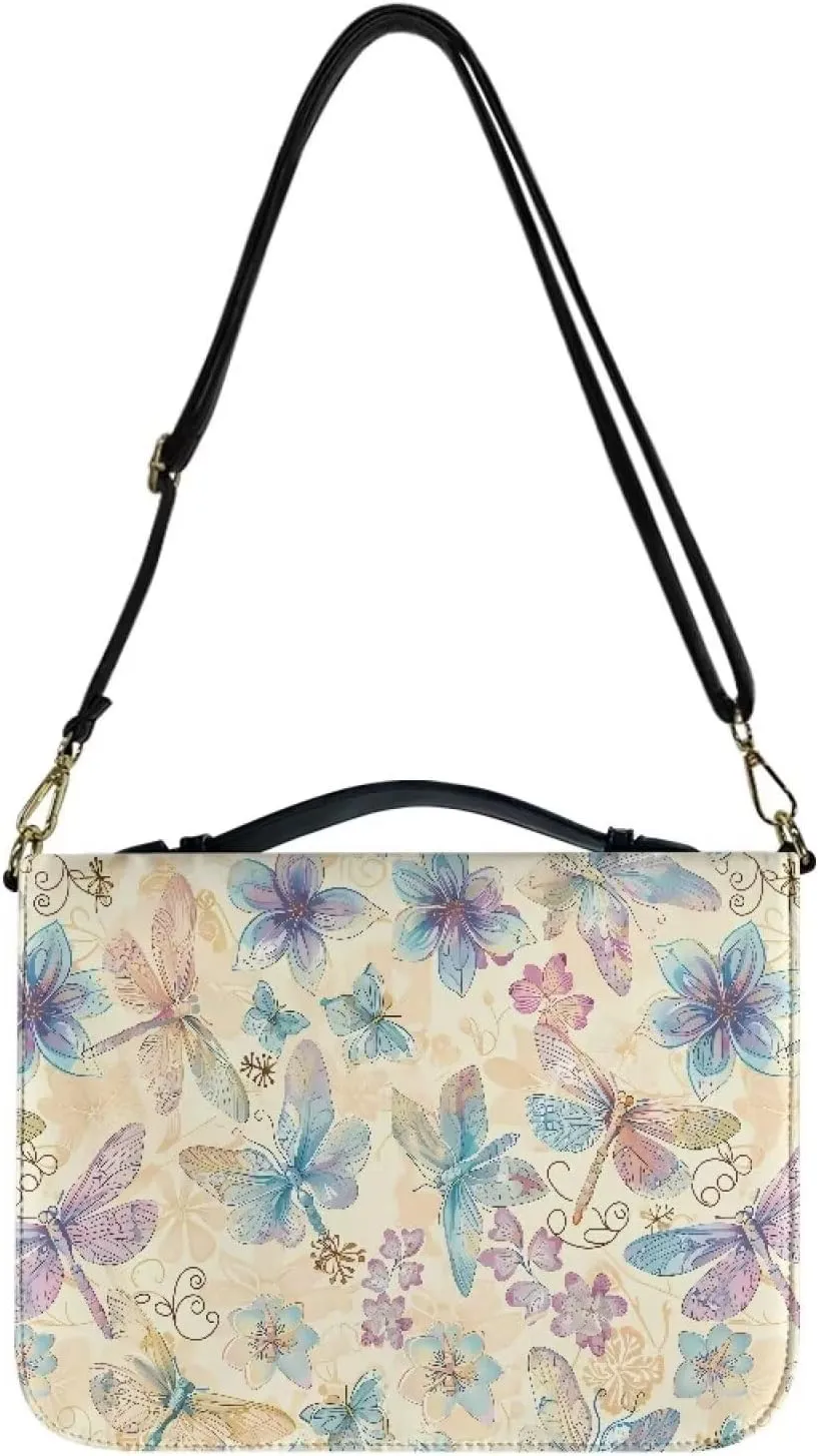 Talayituse Butterfly Dragonfly Flower Pattern Bible Cover for Men Women Kids Bible Case Carrying Book Case Church Bag Crossbody Bag Bible Protective Bag with Handle and Adjustable Shoulder Strap, M
