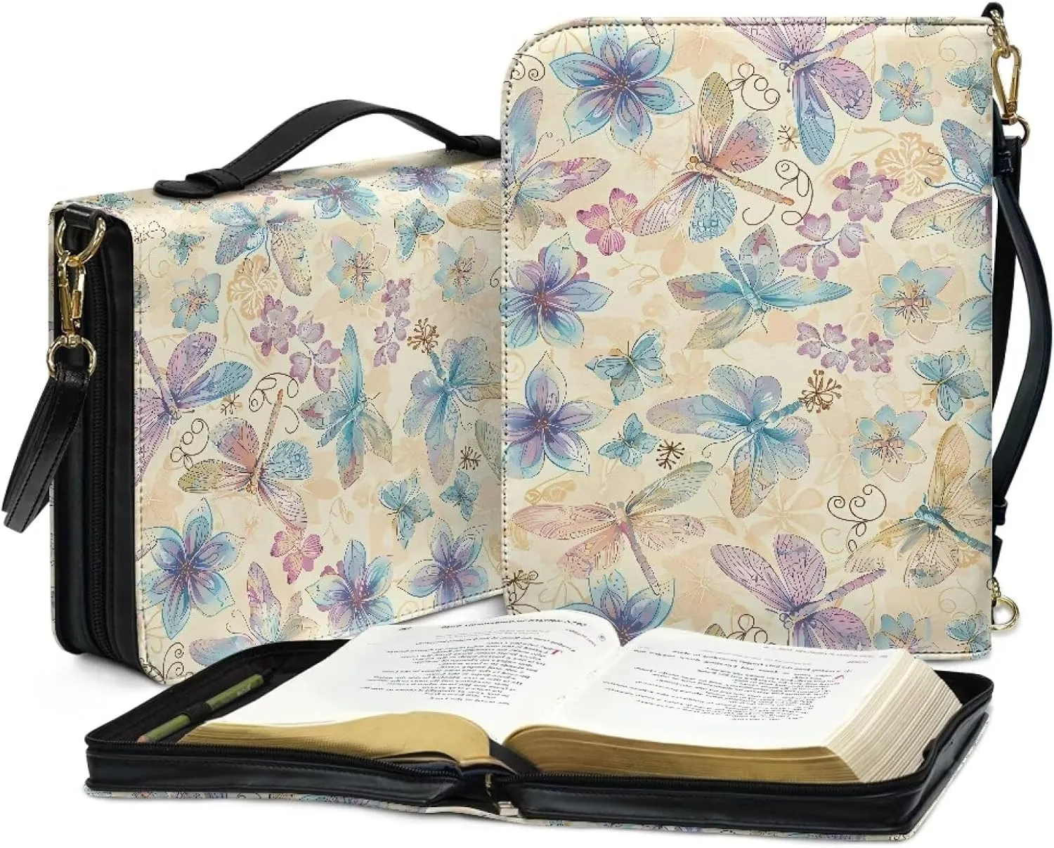 Talayituse Butterfly Dragonfly Flower Pattern Bible Cover for Men Women Kids Bible Case Carrying Book Case Church Bag Crossbody Bag Bible Protective Bag with Handle and Adjustable Shoulder Strap, M