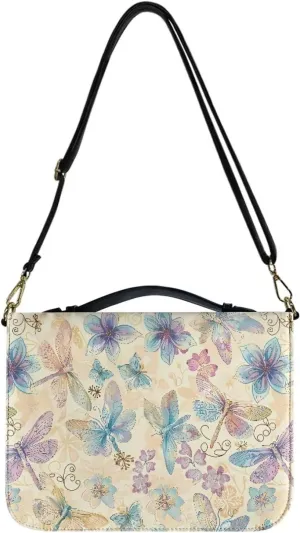 Talayituse Butterfly Dragonfly Flower Pattern Bible Cover for Men Women Kids Bible Case Carrying Book Case Church Bag Crossbody Bag Bible Protective Bag with Handle and Adjustable Shoulder Strap, M