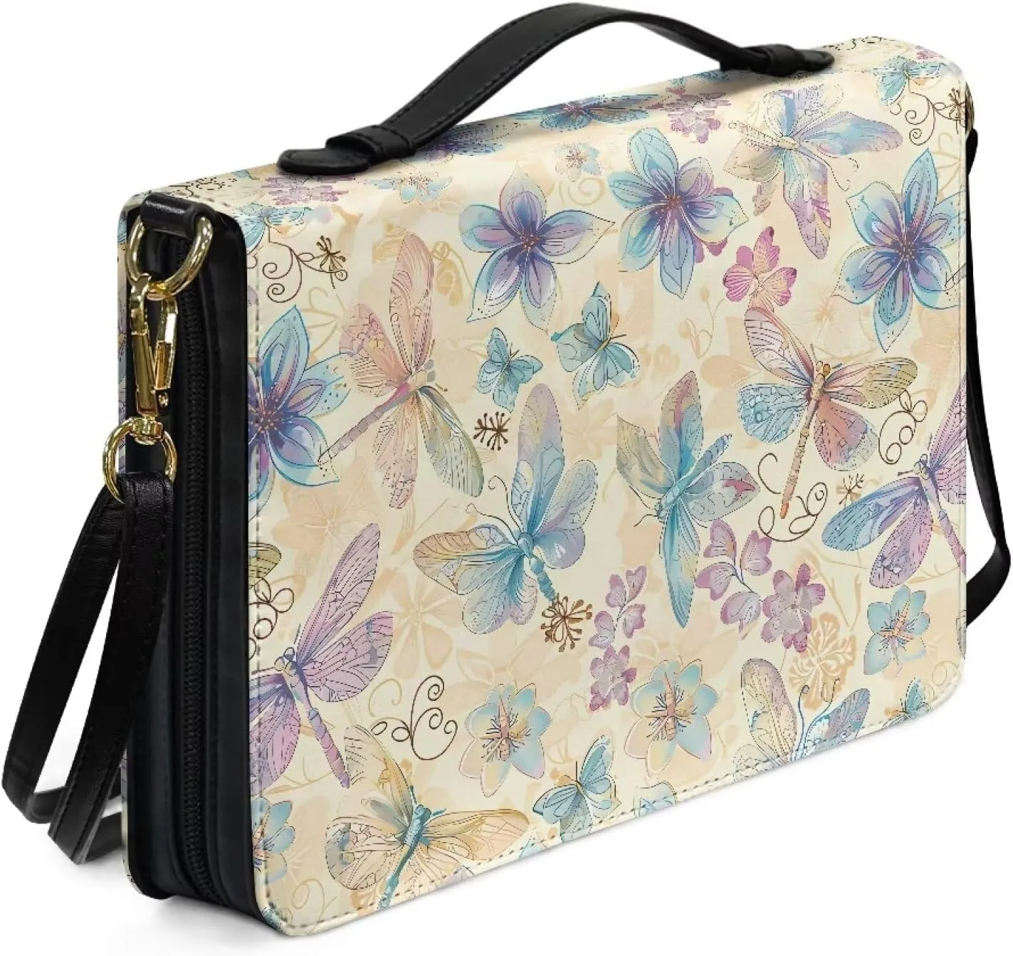 Talayituse Butterfly Dragonfly Flower Pattern Bible Cover for Men Women Kids Bible Case Carrying Book Case Church Bag Crossbody Bag Bible Protective Bag with Handle and Adjustable Shoulder Strap, M
