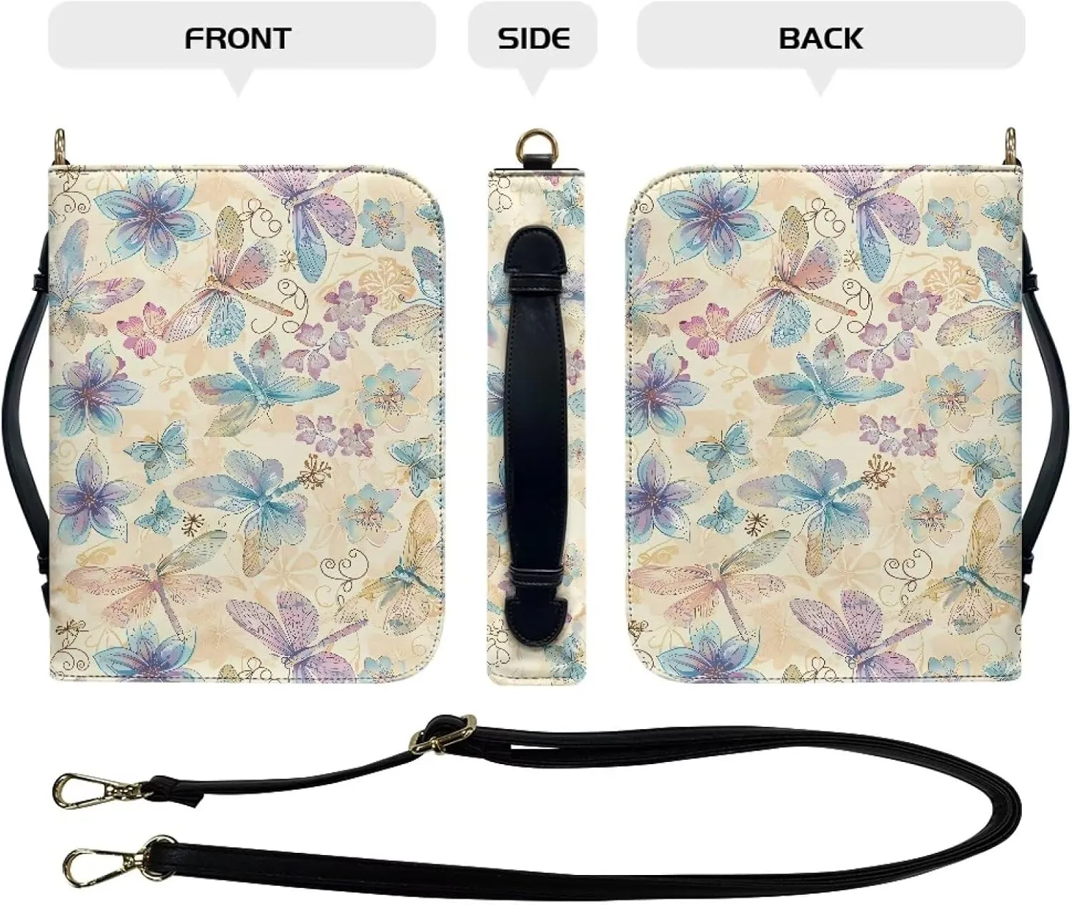 Talayituse Butterfly Dragonfly Flower Pattern Bible Cover for Men Women Kids Bible Case Carrying Book Case Church Bag Crossbody Bag Bible Protective Bag with Handle and Adjustable Shoulder Strap, M
