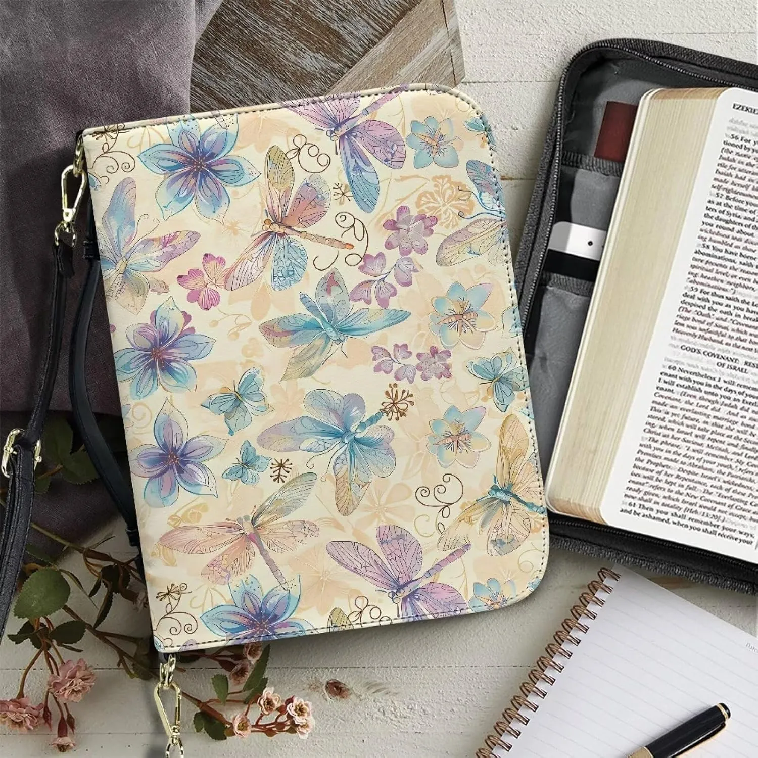 Talayituse Butterfly Dragonfly Flower Pattern Bible Cover for Men Women Kids Bible Case Carrying Book Case Church Bag Crossbody Bag Bible Protective Bag with Handle and Adjustable Shoulder Strap, M