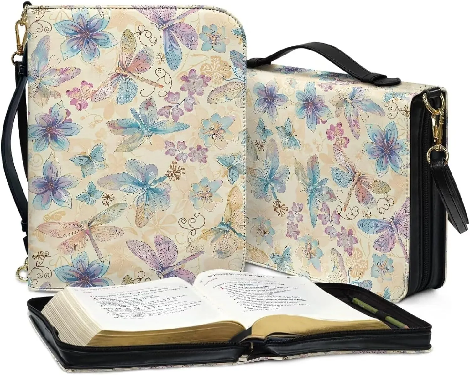 Talayituse Butterfly Dragonfly Flower Pattern Bible Cover for Men Women Kids Bible Case Carrying Book Case Church Bag Crossbody Bag Bible Protective Bag with Handle and Adjustable Shoulder Strap, M