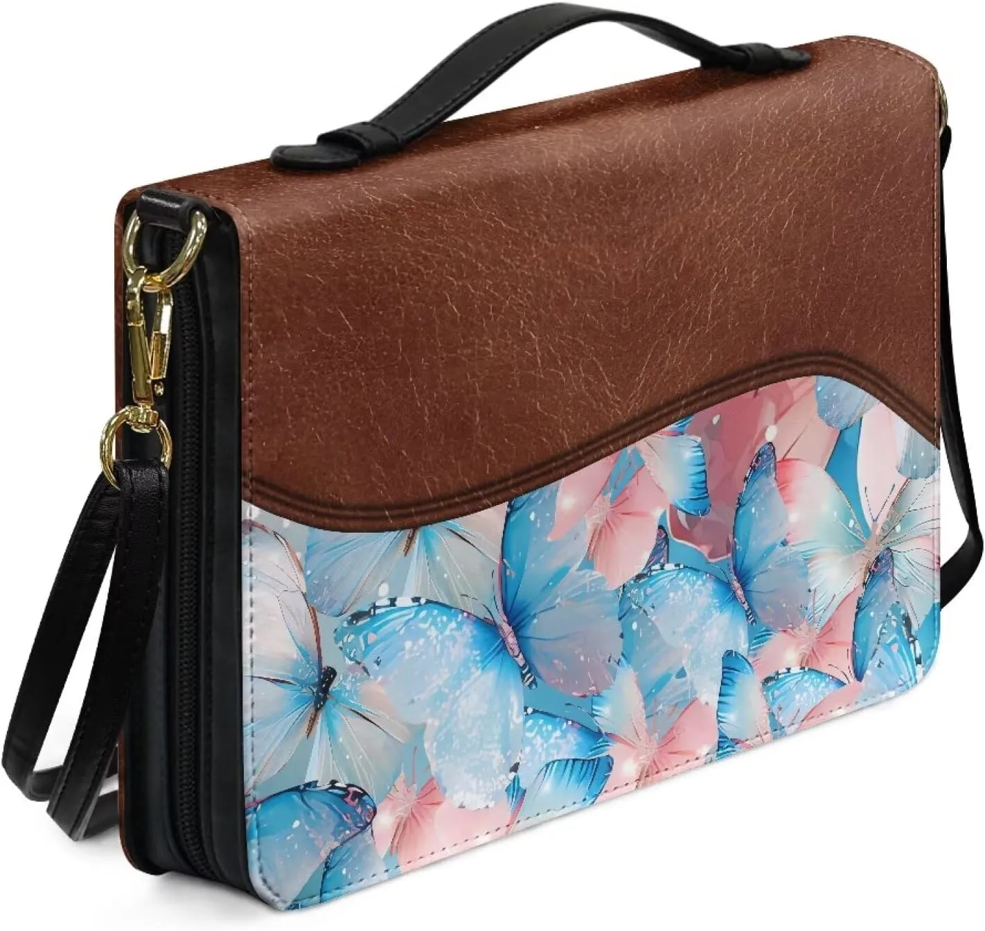 Talayituse Cross Butterfly Print Bible Cover with Shoulder Strap Be Still and Know That I am God PU Leather Makeup Organizer Expand Brief Case Journal Case Christian Purses Handbags with Handle, 2XL