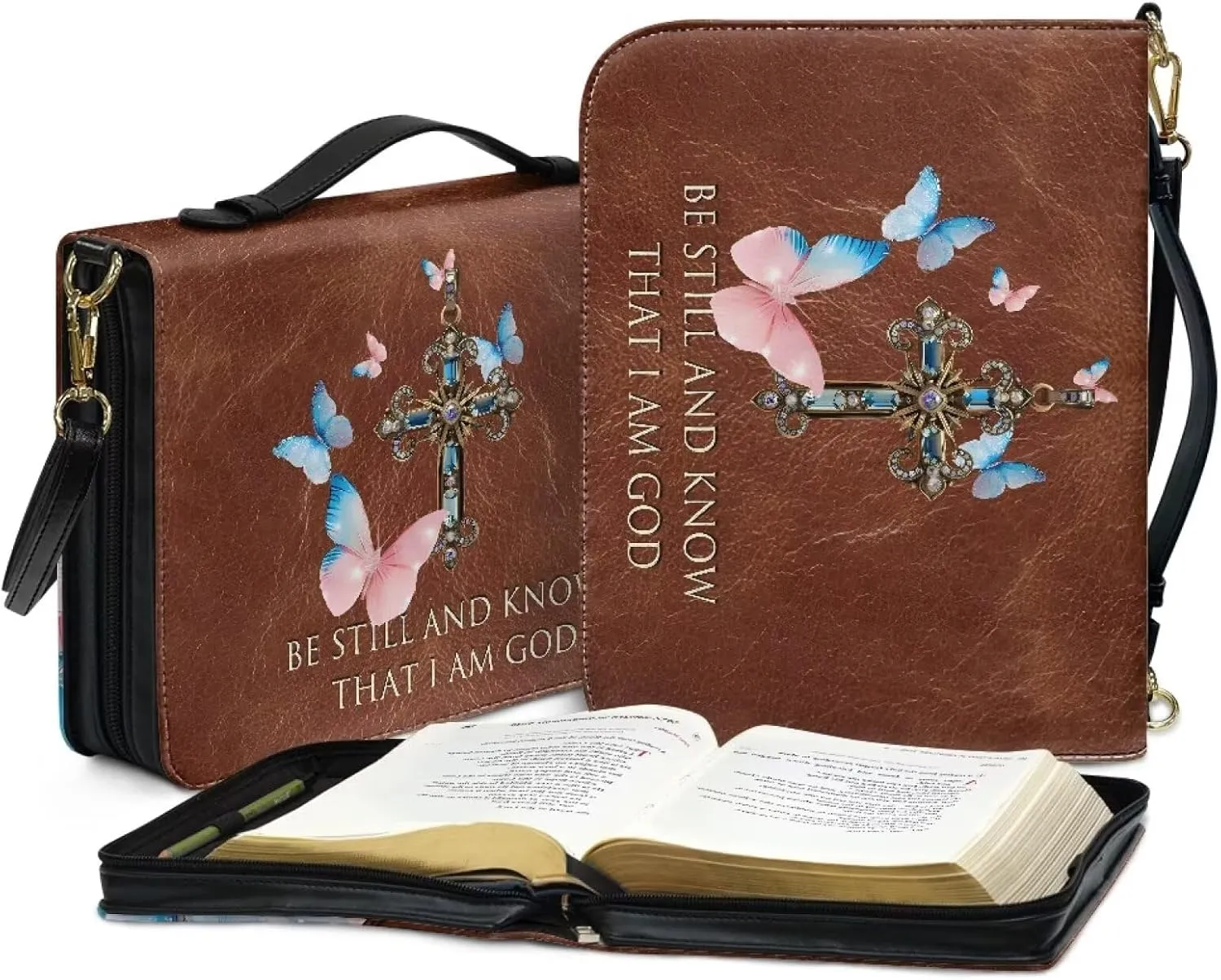 Talayituse Cross Butterfly Print Bible Cover with Shoulder Strap Be Still and Know That I am God PU Leather Makeup Organizer Expand Brief Case Journal Case Christian Purses Handbags with Handle, 2XL