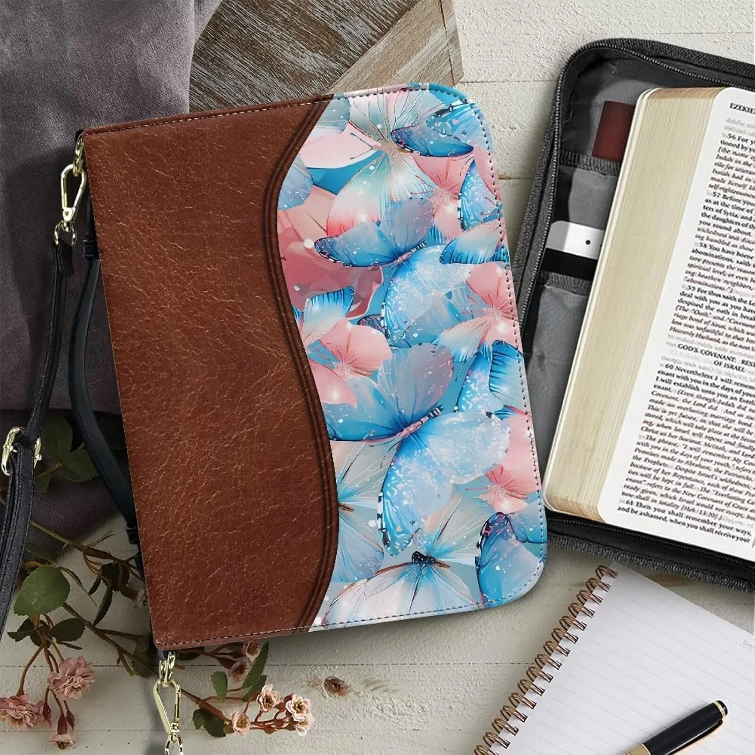 Talayituse Cross Butterfly Print Bible Cover with Shoulder Strap Be Still and Know That I am God PU Leather Makeup Organizer Expand Brief Case Journal Case Christian Purses Handbags with Handle, 2XL