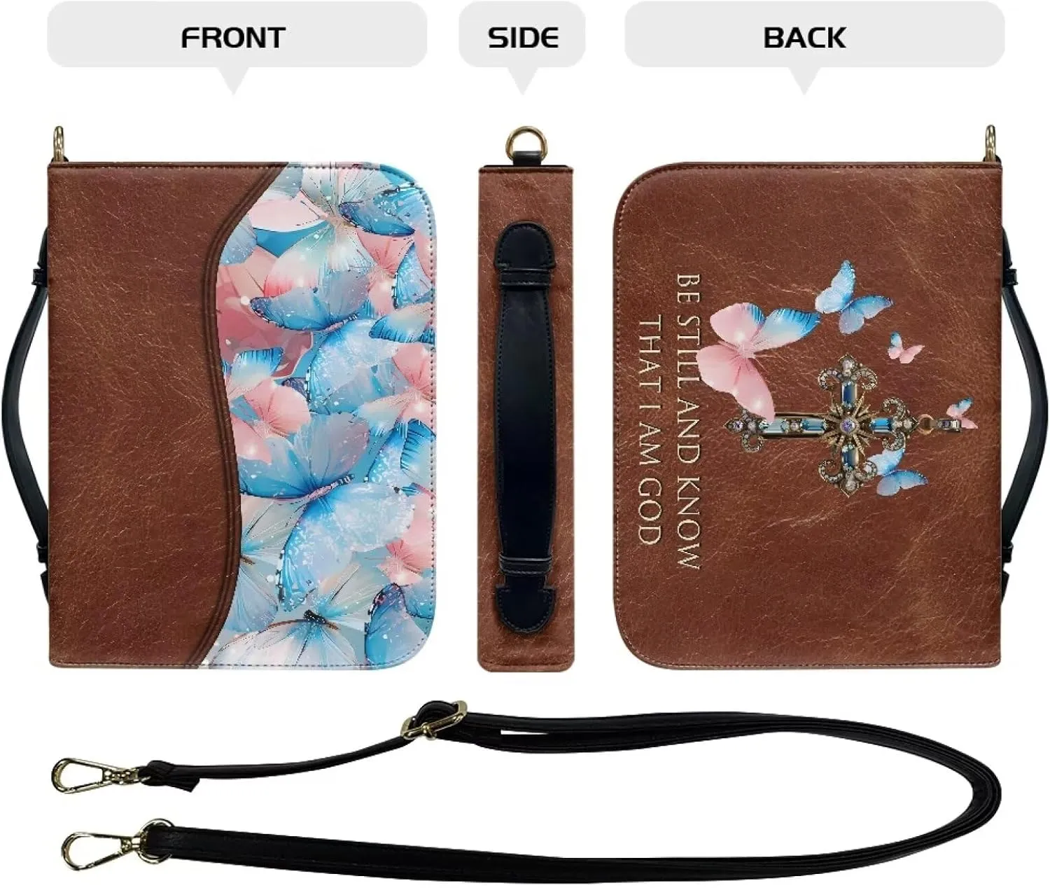 Talayituse Cross Butterfly Print Bible Cover with Shoulder Strap Be Still and Know That I am God PU Leather Makeup Organizer Expand Brief Case Journal Case Christian Purses Handbags with Handle, 2XL