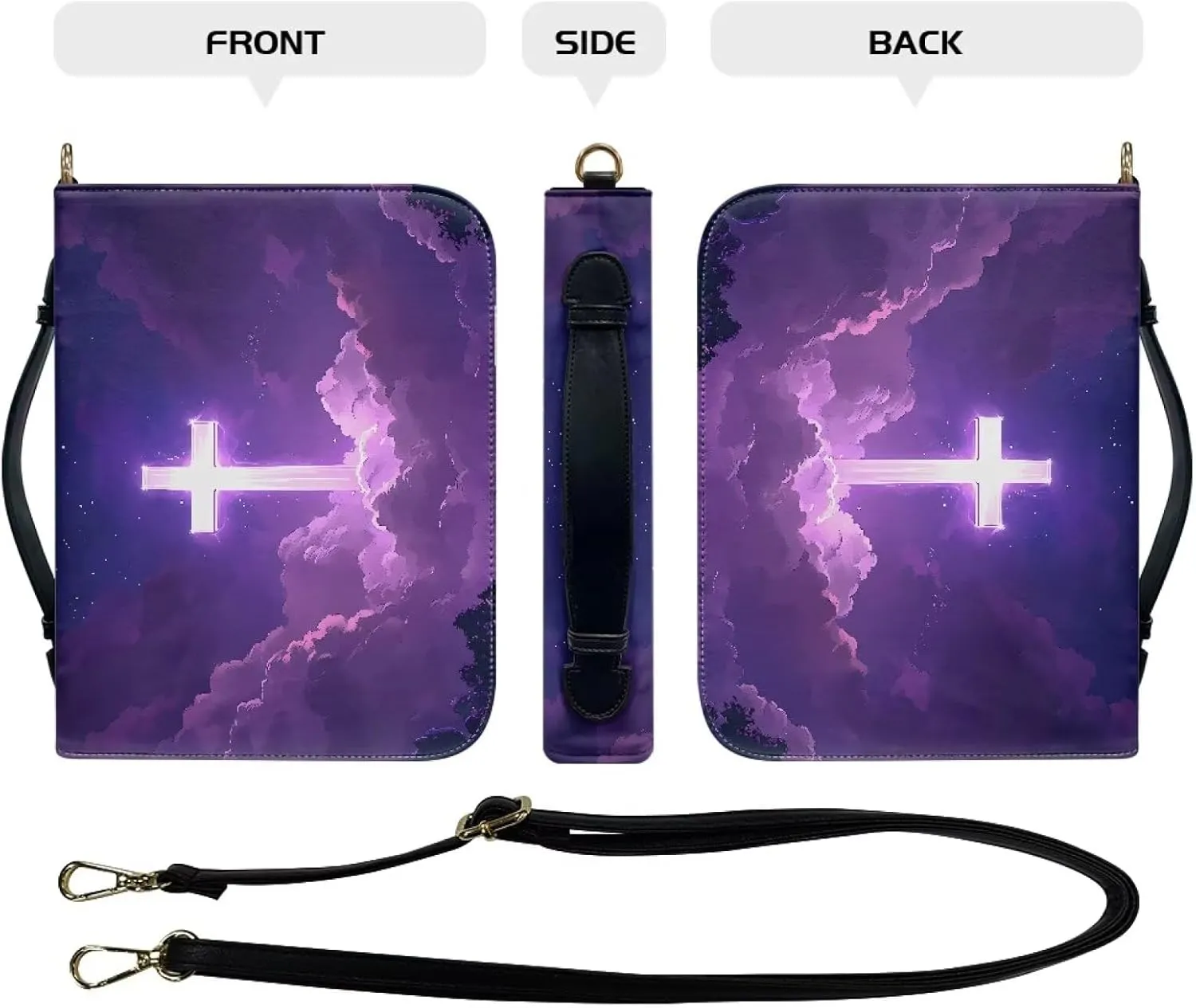Talayituse Cross Galaxy Cloud Print Bible Cover for Women Men, Multifunctional Bible Bags with Shoulder Strap, PU Leather Bible Case Book Cover Tote Bag Bible Accessories with Handl, 2XL