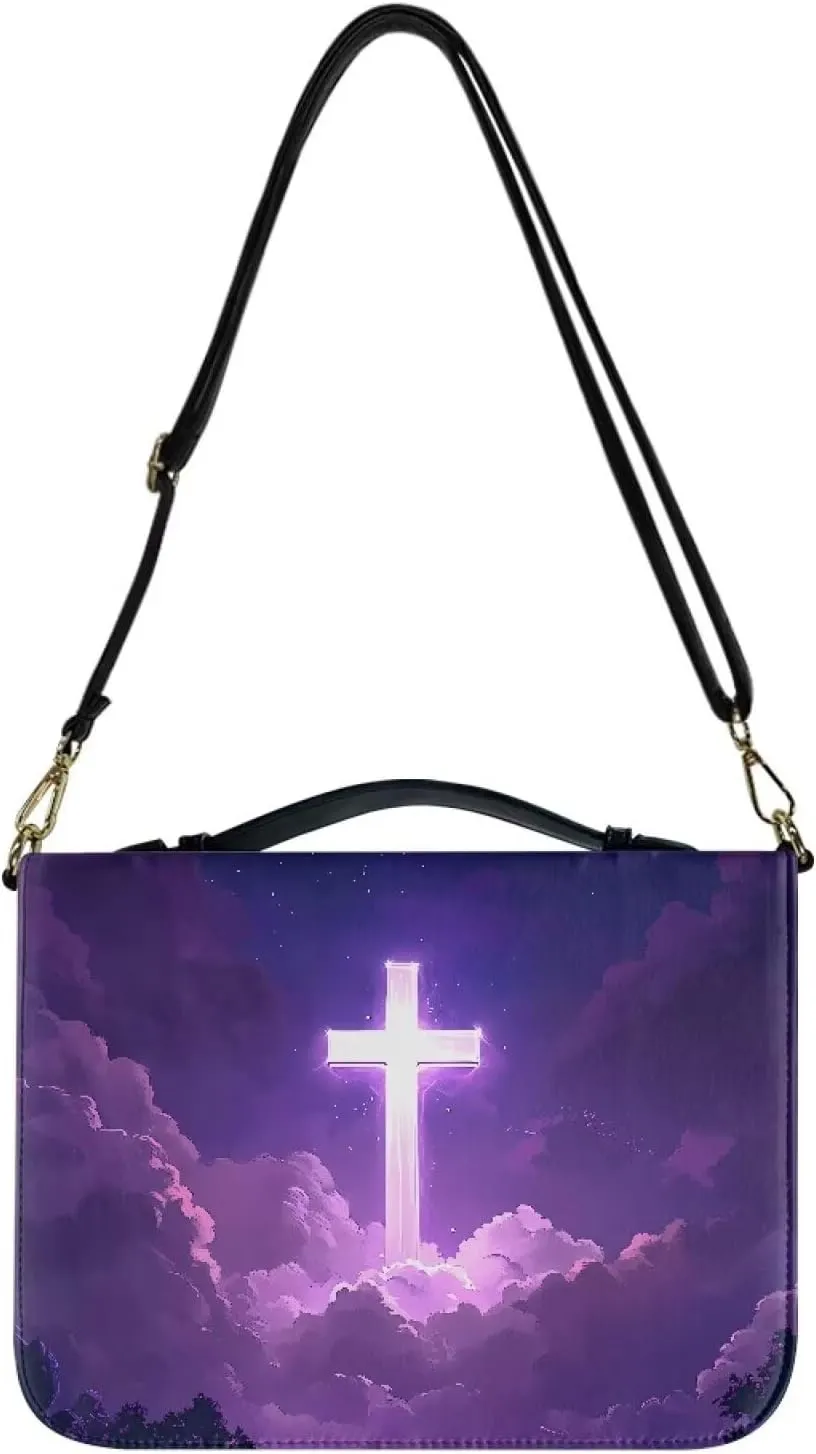 Talayituse Cross Galaxy Cloud Print Bible Cover for Women Men, Multifunctional Bible Bags with Shoulder Strap, PU Leather Bible Case Book Cover Tote Bag Bible Accessories with Handl, 2XL