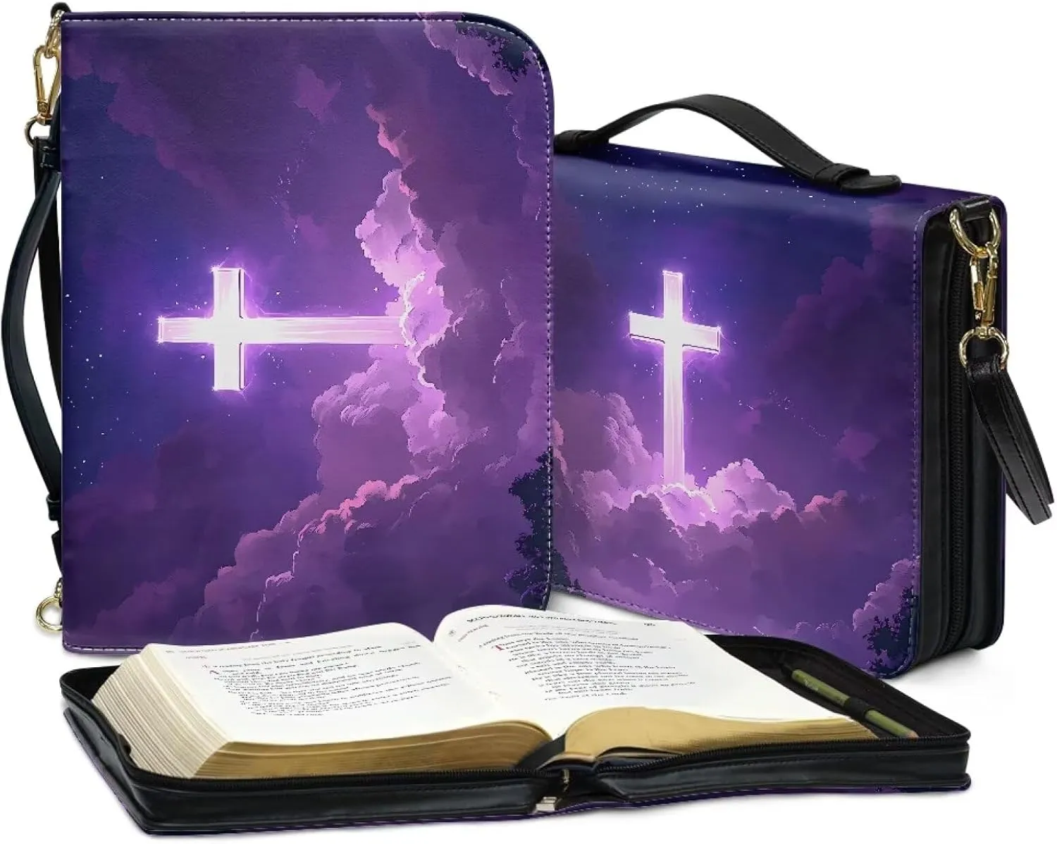 Talayituse Cross Galaxy Cloud Print Bible Cover for Women Men, Multifunctional Bible Bags with Shoulder Strap, PU Leather Bible Case Book Cover Tote Bag Bible Accessories with Handl, 2XL