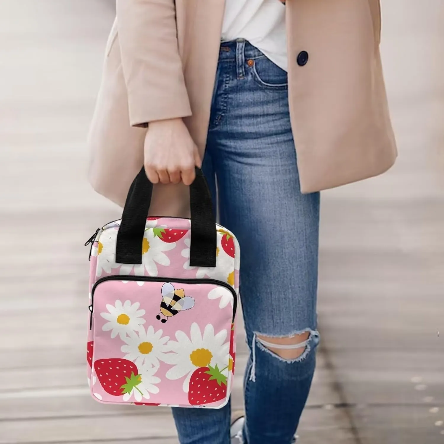 Talayituse Daisy Strawberry Bee Bible Cover for Women Men Bible Case Carrying Book Organizer Zipper Tote Bible Bag with Handle Pocket Bible Protective Holder