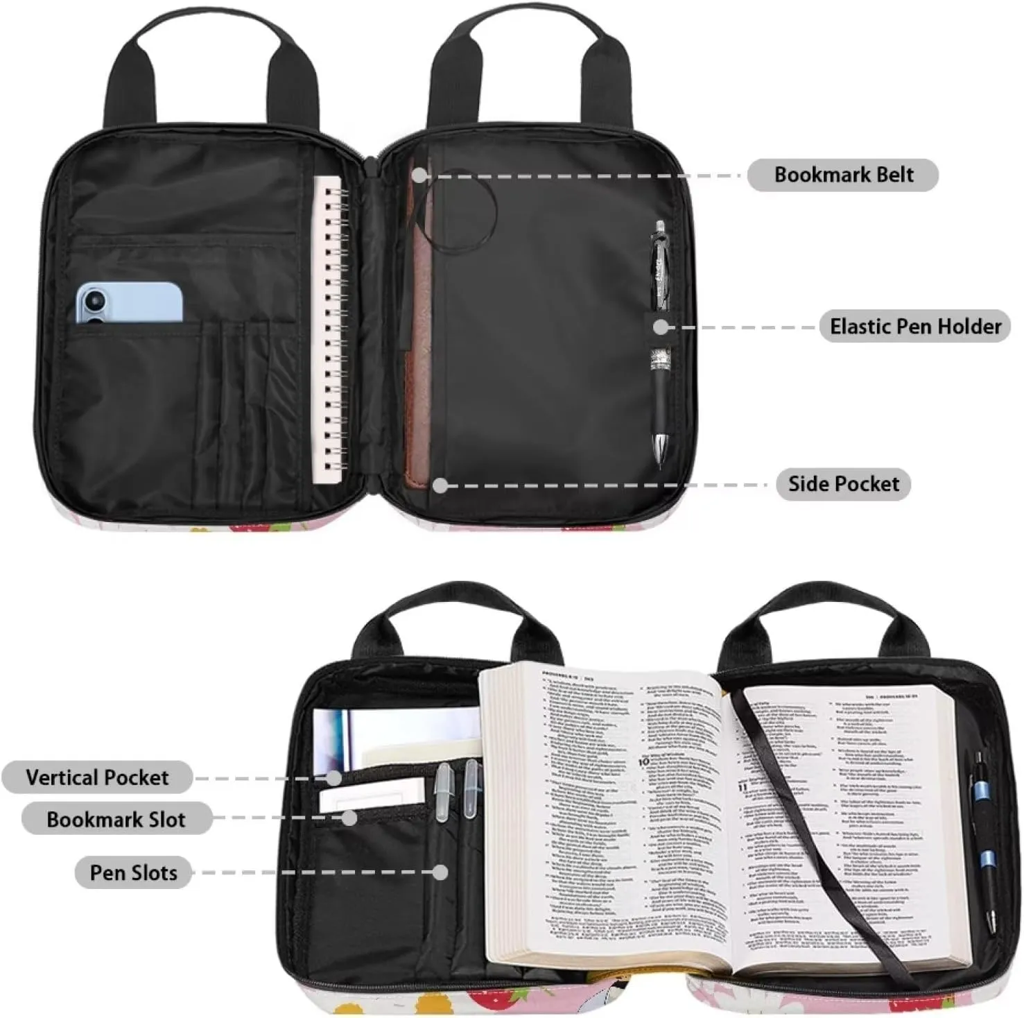 Talayituse Daisy Strawberry Bee Bible Cover for Women Men Bible Case Carrying Book Organizer Zipper Tote Bible Bag with Handle Pocket Bible Protective Holder