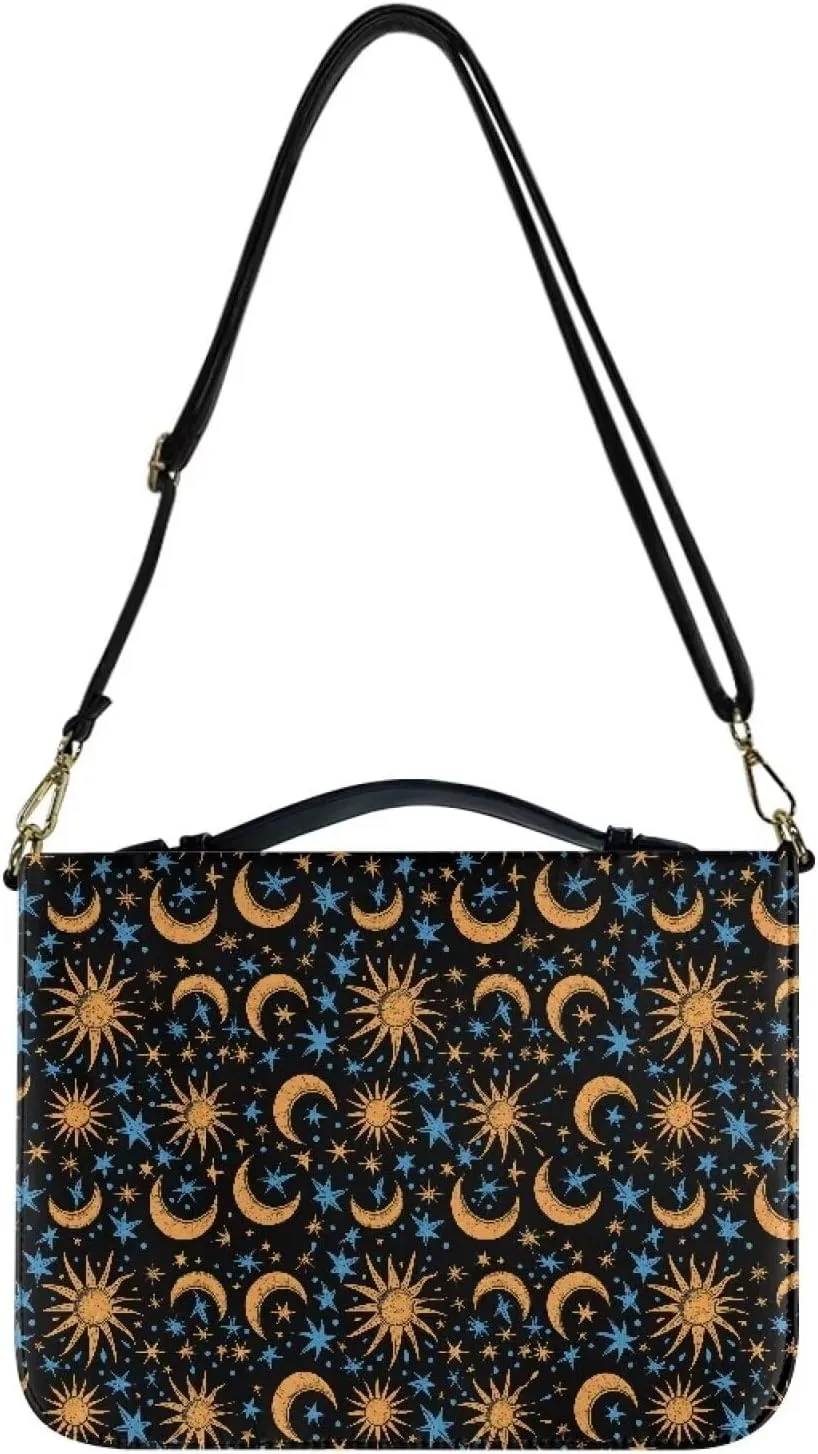 Talayituse Sun Moon Star Pattern PU Leather Bible Cover for Women Men Lightweight Bible Case with Handle & Shoulder Strap, Bible Carrying Case Church Protector Bible Bag Crossbody Bag, M