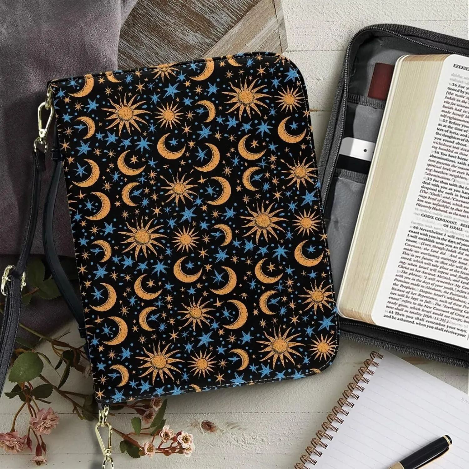 Talayituse Sun Moon Star Pattern PU Leather Bible Cover for Women Men Lightweight Bible Case with Handle & Shoulder Strap, Bible Carrying Case Church Protector Bible Bag Crossbody Bag, M