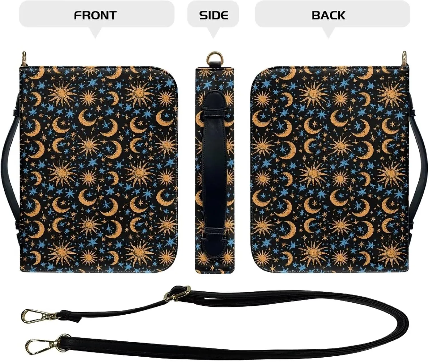 Talayituse Sun Moon Star Pattern PU Leather Bible Cover for Women Men Lightweight Bible Case with Handle & Shoulder Strap, Bible Carrying Case Church Protector Bible Bag Crossbody Bag, M