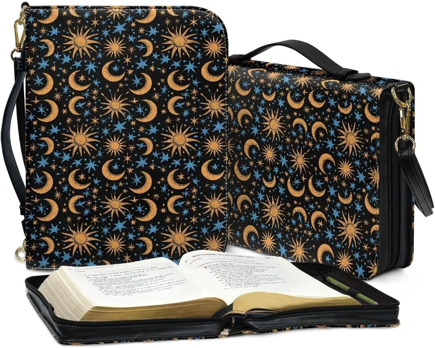 Talayituse Sun Moon Star Pattern PU Leather Bible Cover for Women Men Lightweight Bible Case with Handle & Shoulder Strap, Bible Carrying Case Church Protector Bible Bag Crossbody Bag, M
