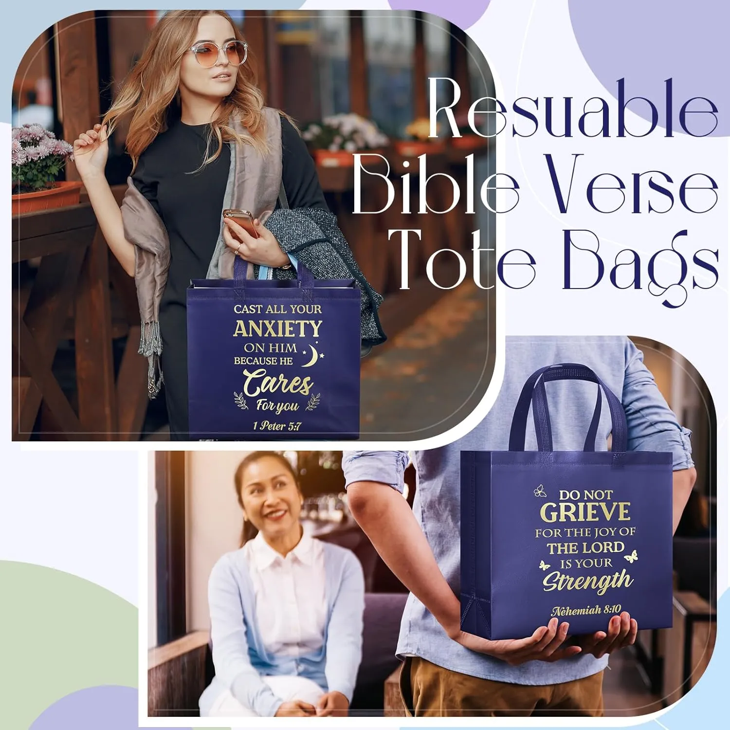 Talltalk 50 Pcs Christian Gift Bag Bulk Reusable Bible Verse Tote Religious Church Bags for Fathers Day Sunday School Gift(Dark Blue,Large)