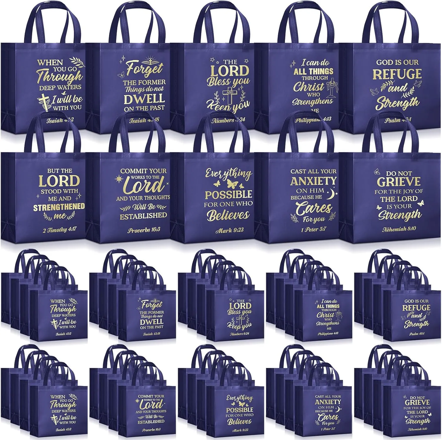 Talltalk 50 Pcs Christian Gift Bag Bulk Reusable Bible Verse Tote Religious Church Bags for Fathers Day Sunday School Gift(Dark Blue,Large)