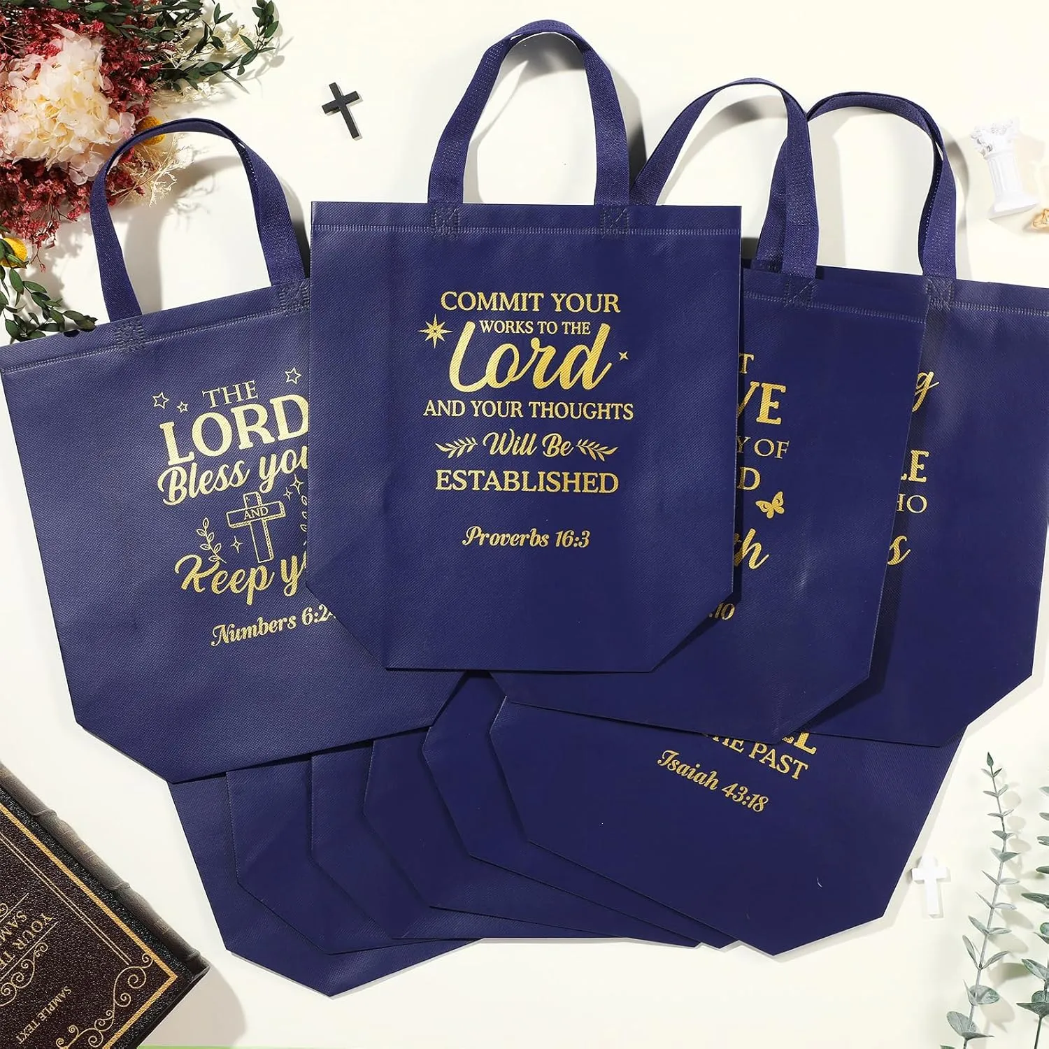 Talltalk 50 Pcs Christian Gift Bag Bulk Reusable Bible Verse Tote Religious Church Bags for Fathers Day Sunday School Gift(Dark Blue,Large)