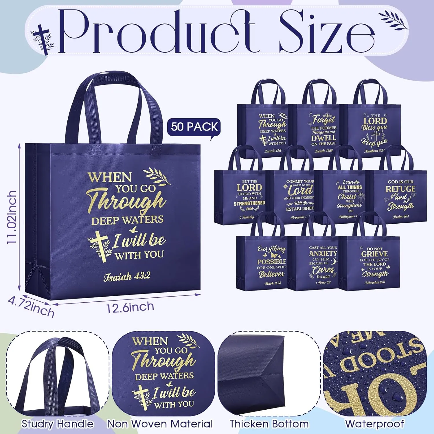 Talltalk 50 Pcs Christian Gift Bag Bulk Reusable Bible Verse Tote Religious Church Bags for Fathers Day Sunday School Gift(Dark Blue,Large)